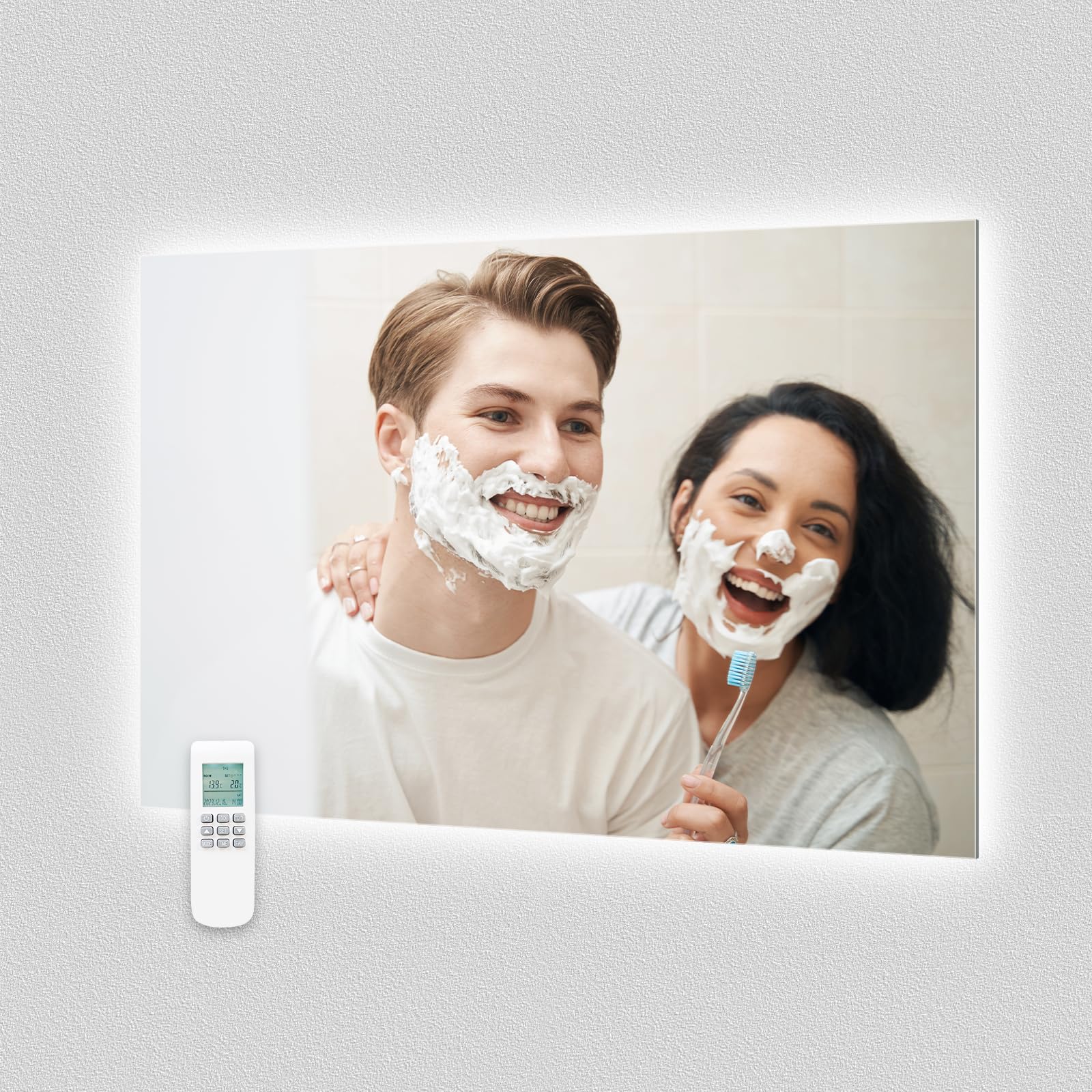 byecold Riscaldatore a infrarossi per specchio con termostato, 580 watt - Riscaldatore a infrarossi per specchio con illuminazione a LED - Specchio da bagno, 100x60 cm