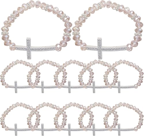 WE Pulsera de cristal rosa - Juego de bautismo y primera comunión, 12 piezas de diseño de cruz de diamantes de imitación laterales, recuerdos de