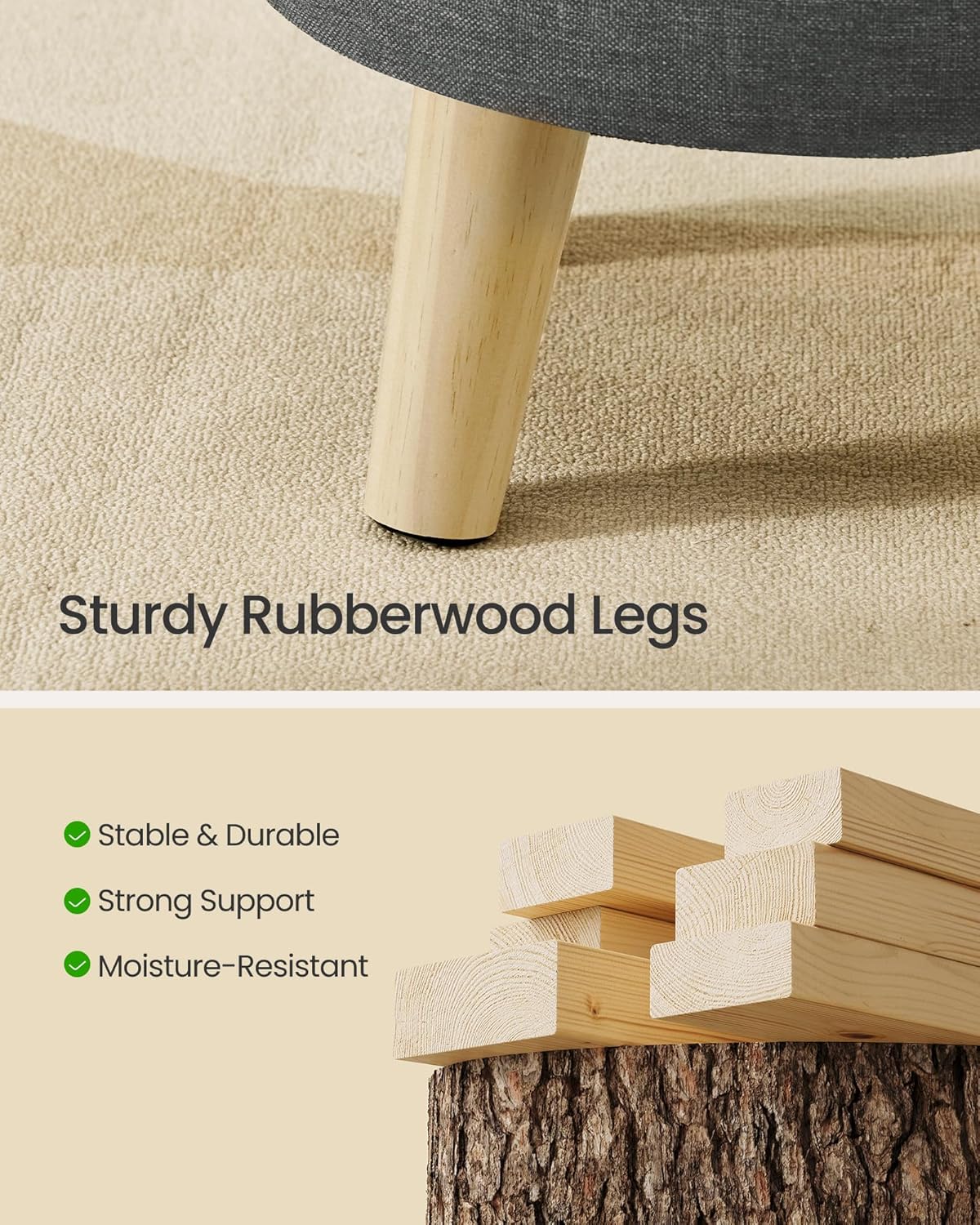 SONGMICS Storage Ottoman, Foot Stool, Round Ottoman with Padded Seat, Foot Rest with Wood Legs, Small Table, for Hallway, Living Room, 12.2 Inches, Linen-Look Fabric, Slate Gray ULOM514GN01 - Image 6