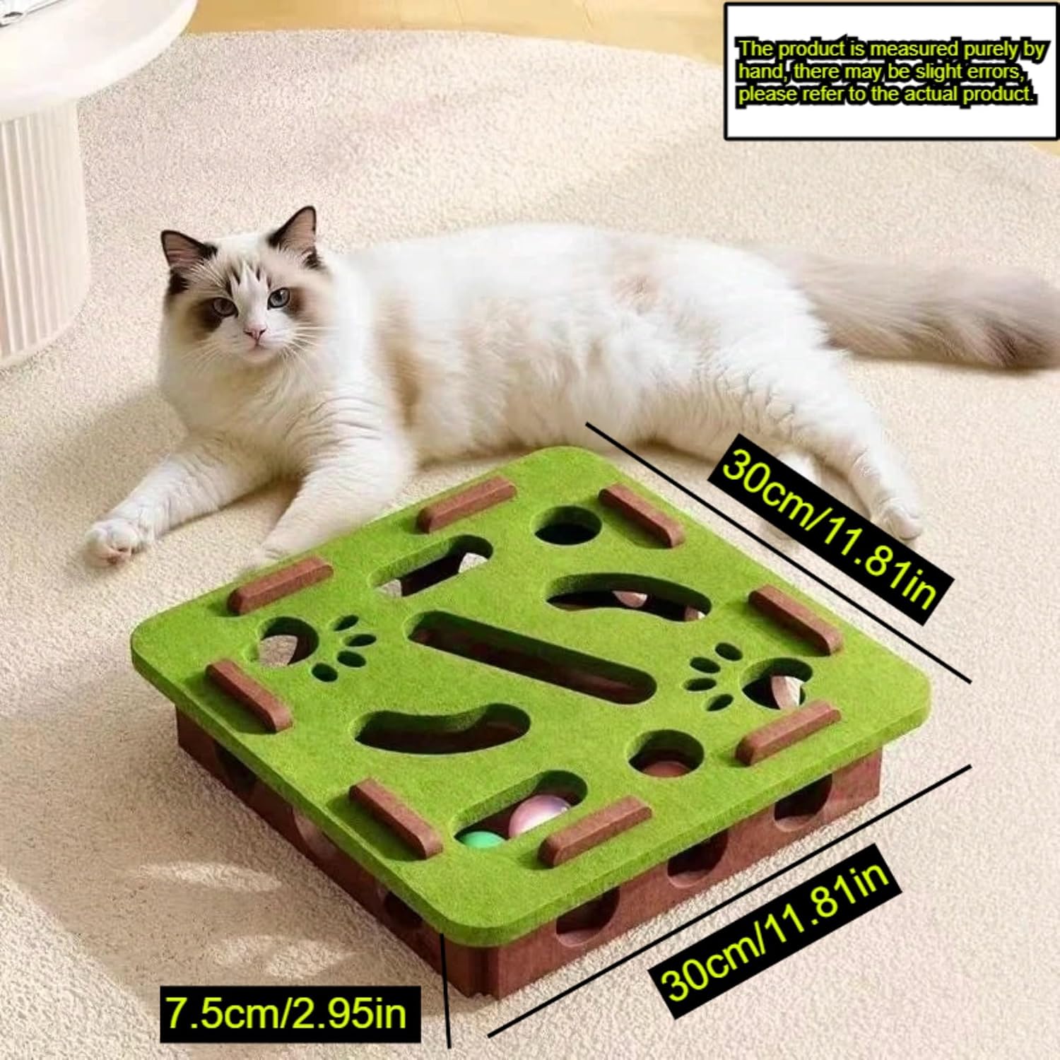 Interactive Cat Puzzle Feeder Toy – Felt Maze Box with 3 Jingle Balls – Mental Stimulation, Slow Feeding & Fun Exercise for Indoor Cats & Kittens (1,Square-Green)