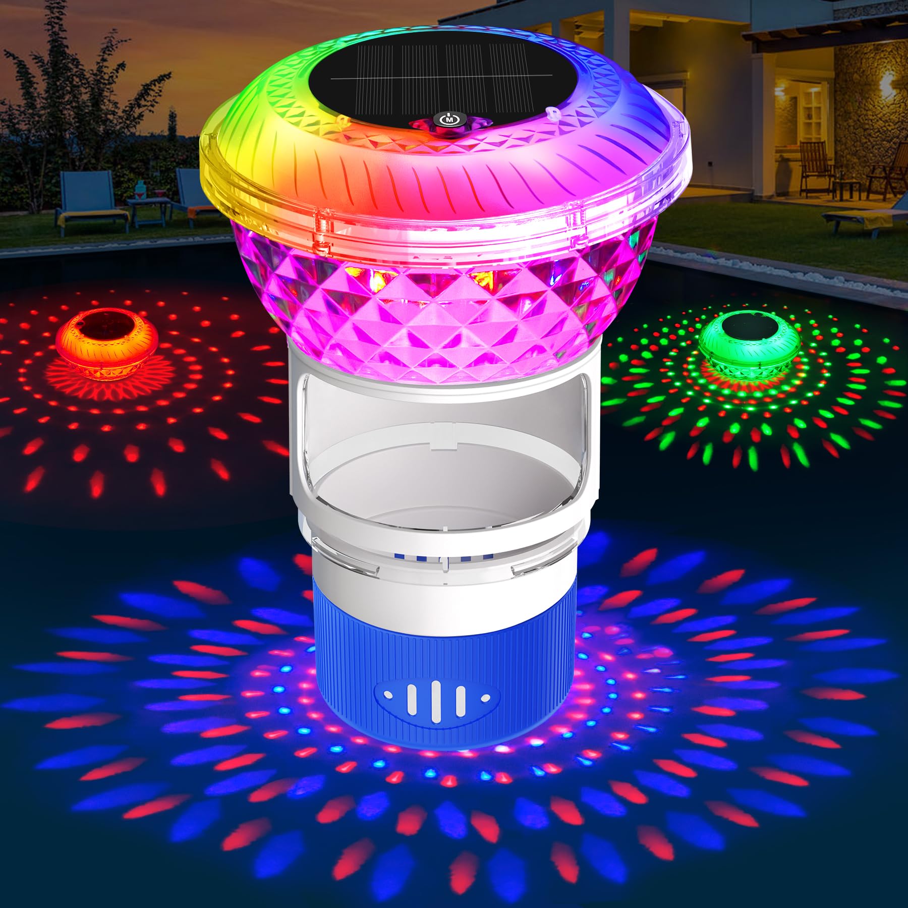 DeeprBling Dosificador Cloro Piscina Flotante con Luces Solares de Colores, Dispensador Cloro Piscina Flotante con Botón de Control, Flotador Cloro Piscina con Desbloqueo Ajustable, Abertura Grande