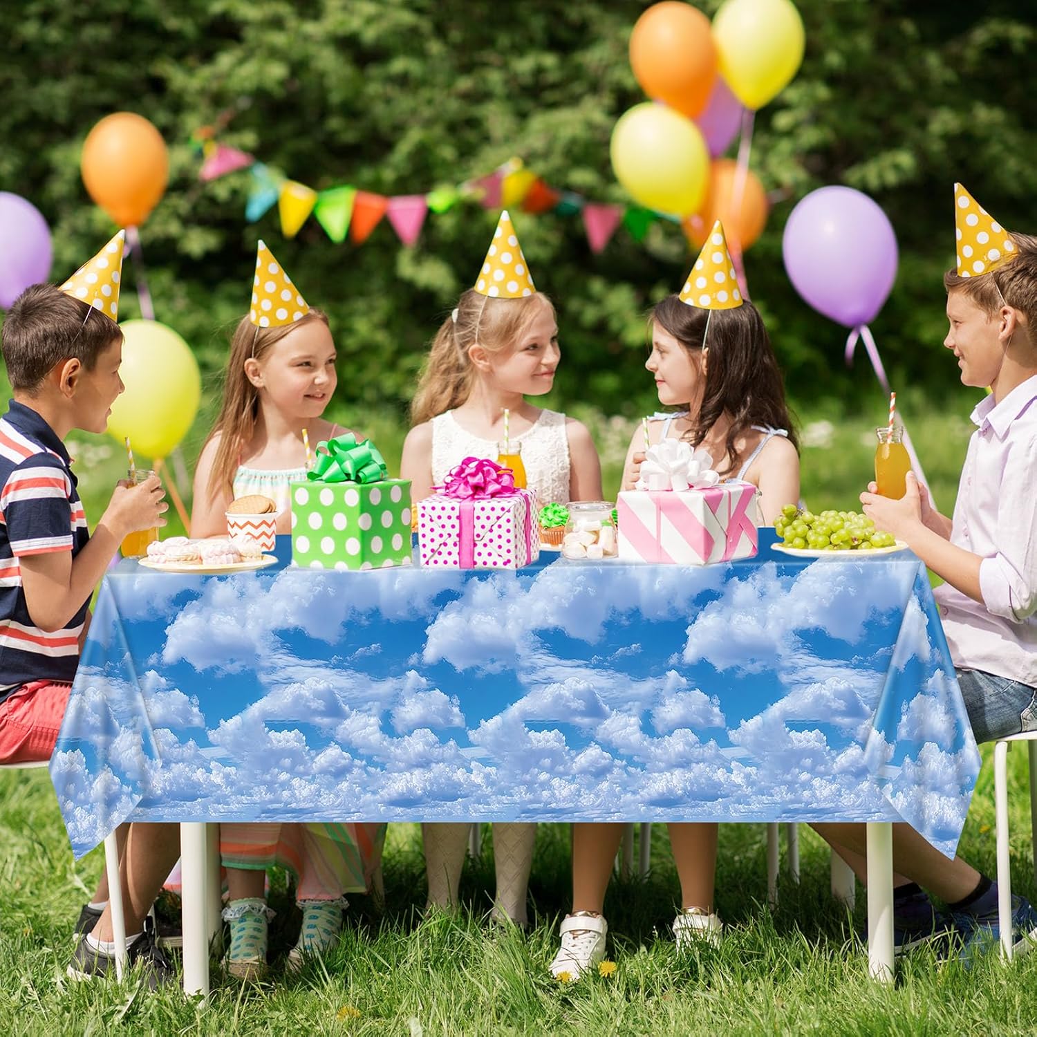 party greeting Blue Sky White Clouds Tablecloth Roll 100FT x 51 Inch Disposable Sky White Cloud Plastic Table Covers Cartoon Clouds Birthday Supplies Wall Backdrop for Kids Birthday Party Décor