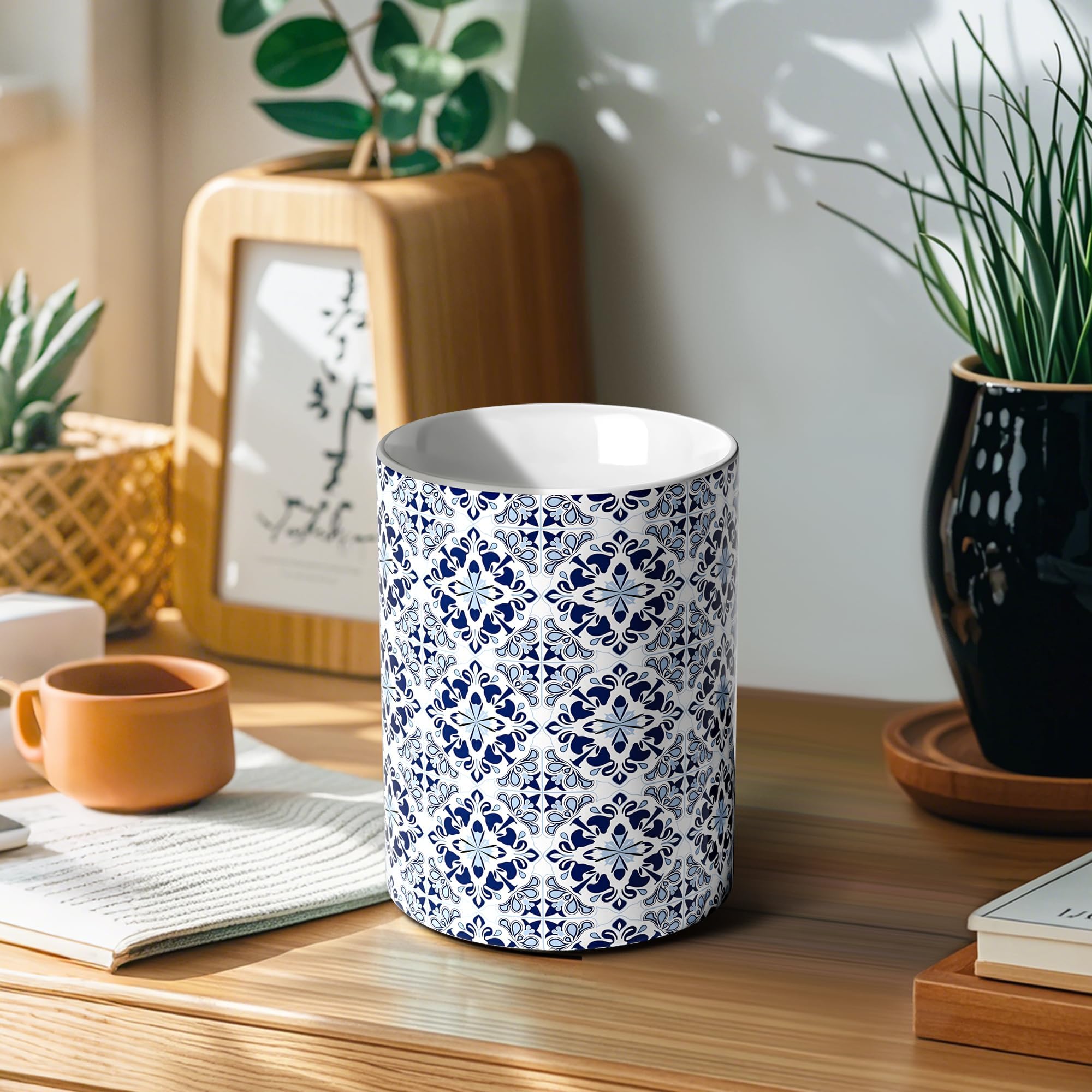 Soporte para utensilios de cocina de cerámica blanca y azul para encimera, soporte decorativo para utensilios de cocina, soporte para espátulas, decoración de cocina, vajilla grande para