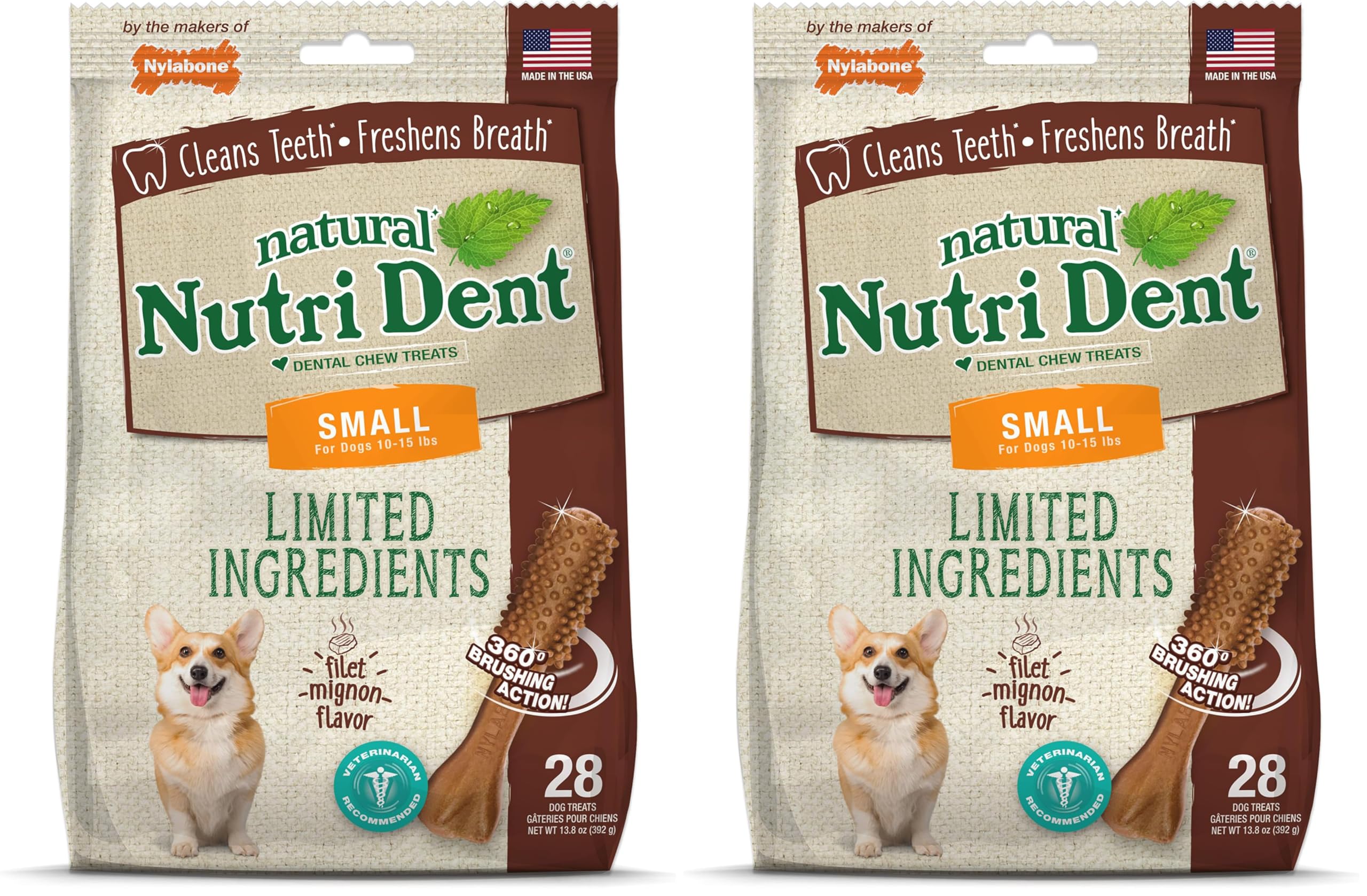Nylabone Nutri Dent Dog Dental Chews - Natural Dog Teeth Cleaning &amp; Breath Freshener - Dental Treats for Dogs - Filet Mignon Flavor, Small (28 Count) (Pack of 2)