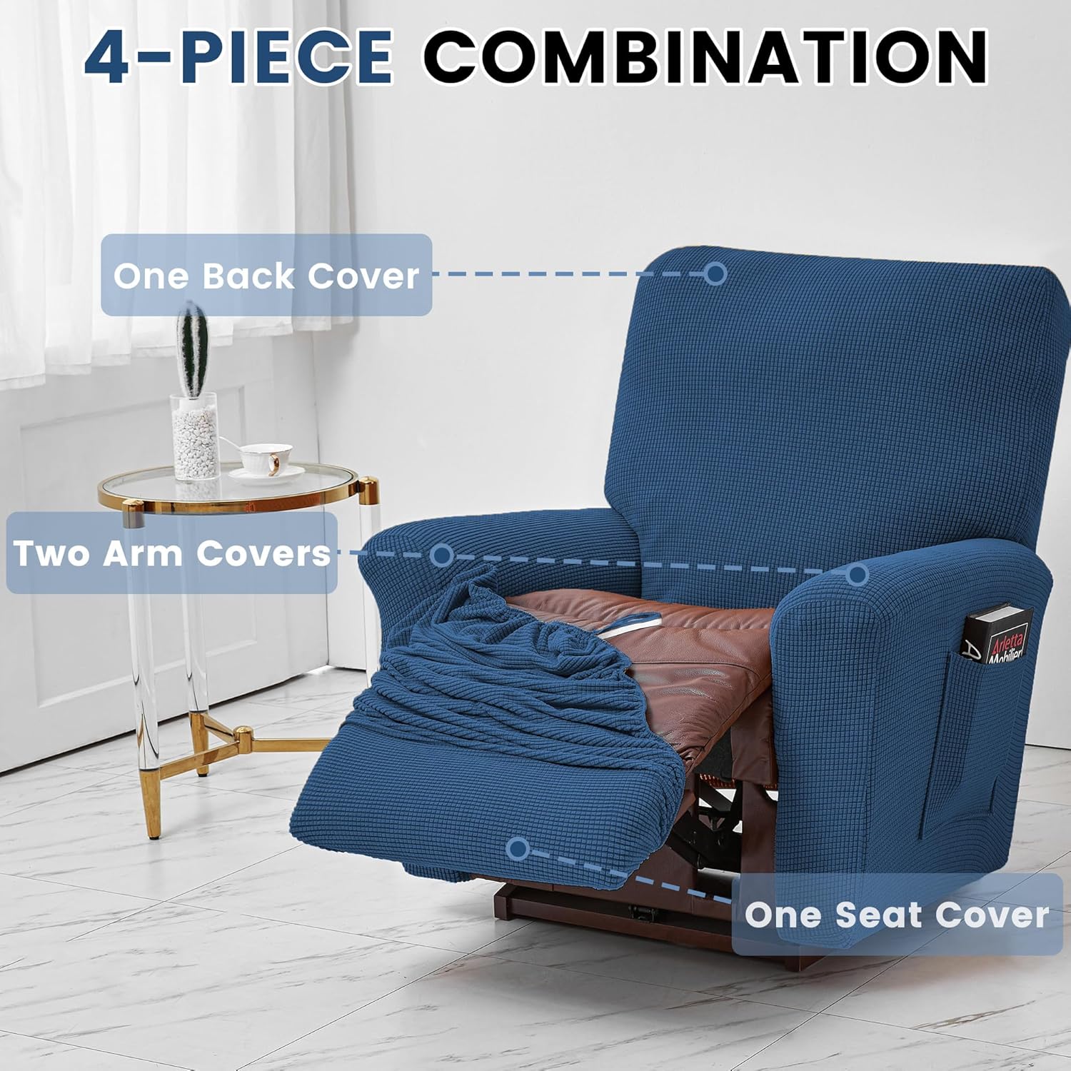 Qubjus Stretch Recliner Cover 4-Pieces, 1 Seat Recliner Chair Covers, Soft Classic Elastic Couch Covers Furniture Protector with Pocket(Recliner, Blue)
