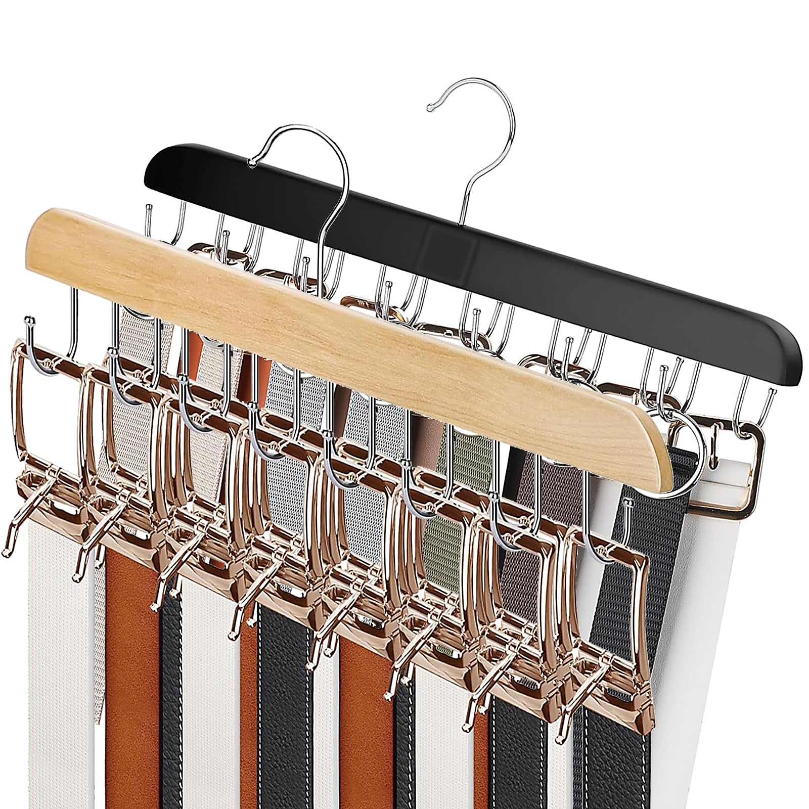 Organizer Da Parete Per Cinture E Cravatte – Legno 14 Ganci Girevoli – 2 In 1: Si Appendi O Si Fissa Al Muro