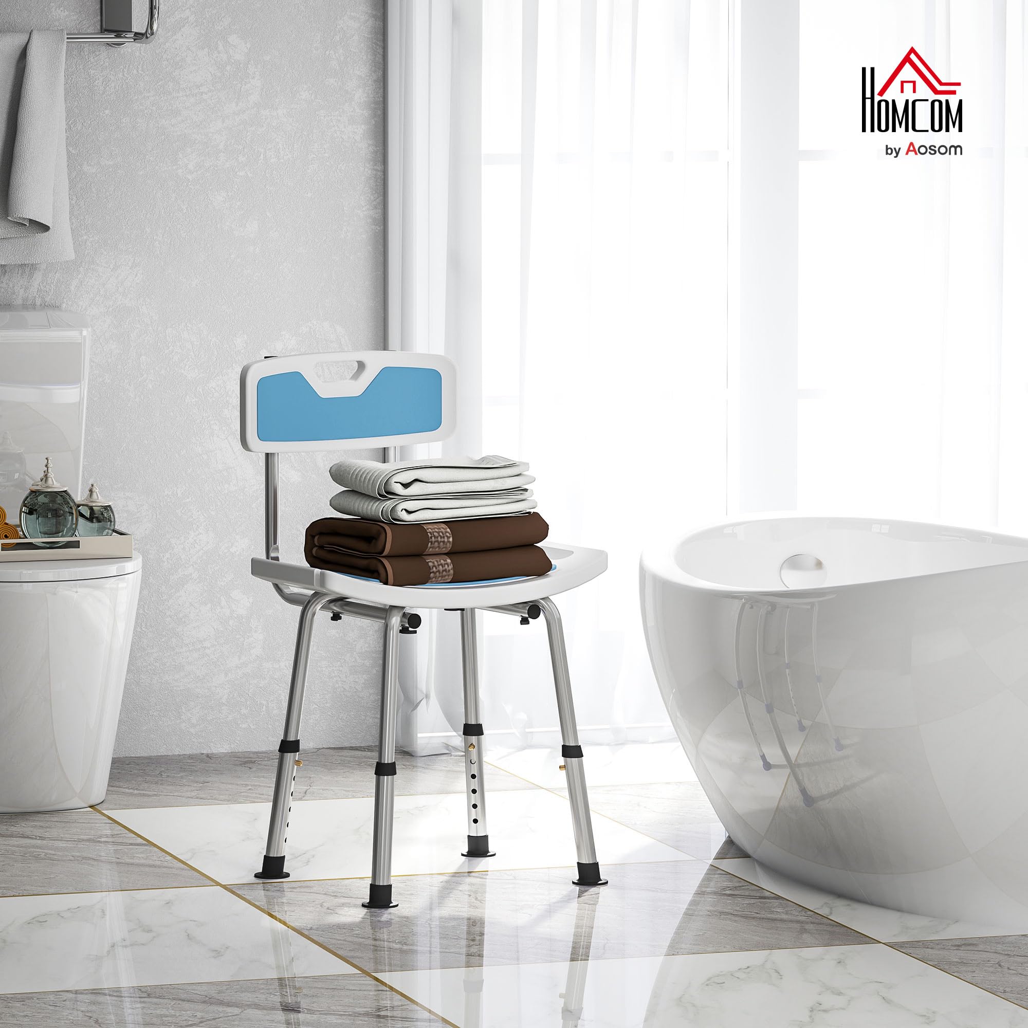 HOMCOM Taburete de ducha Silla de ducha para personas mayores y discapacitadas, con respaldo, asiento curvado, altura ajustable, patines antideslizantes y soporte para cabezal de ducha de aluminio