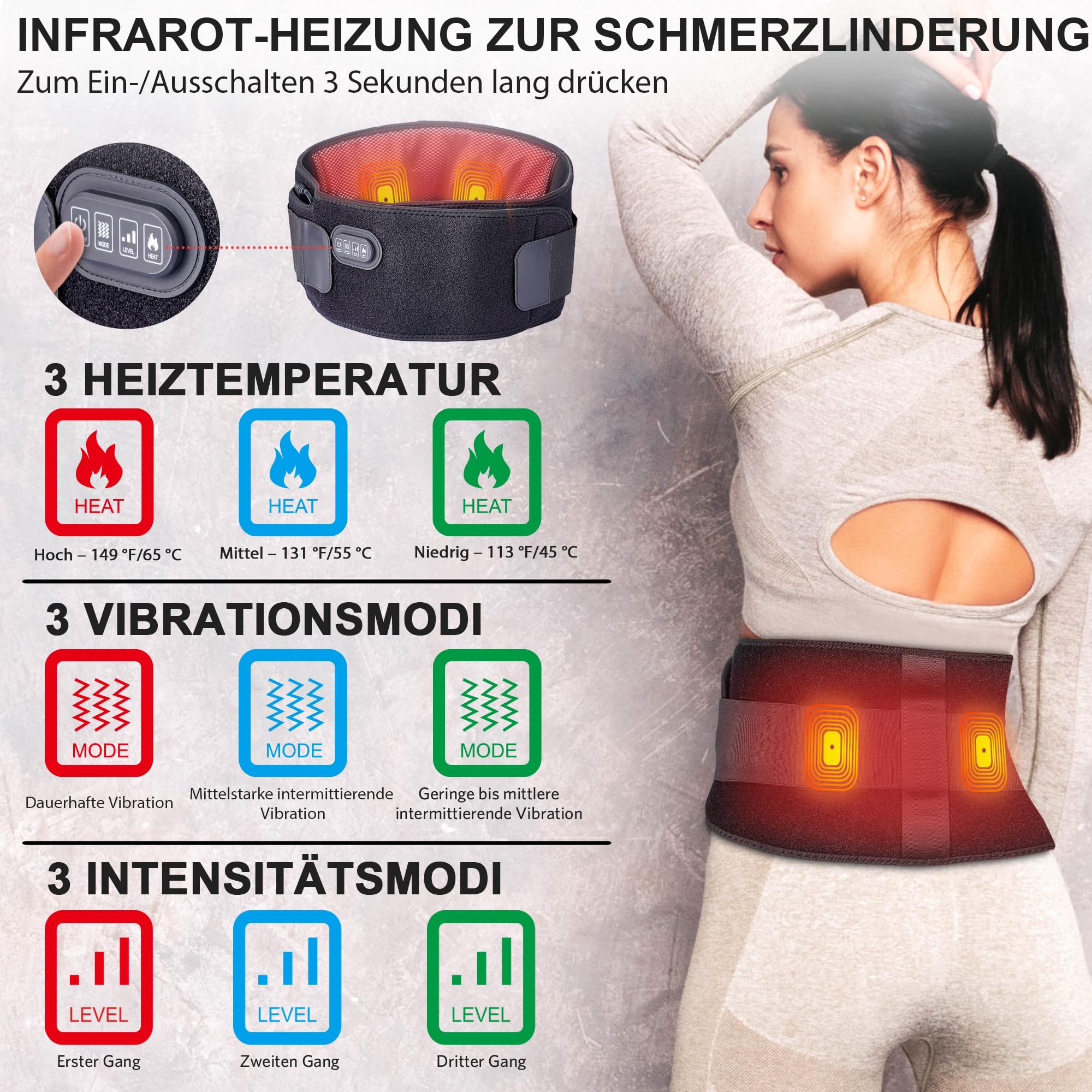 Massage Wärmegürtel gegen Rückenschmerzen mit 5000 mAh Akku, 138 cm Gurt verstellbare Gurte Rückenmassagegerät elektrischer Heizgürtel mit 4 Modi, 3 Intensitäten,mit Timer