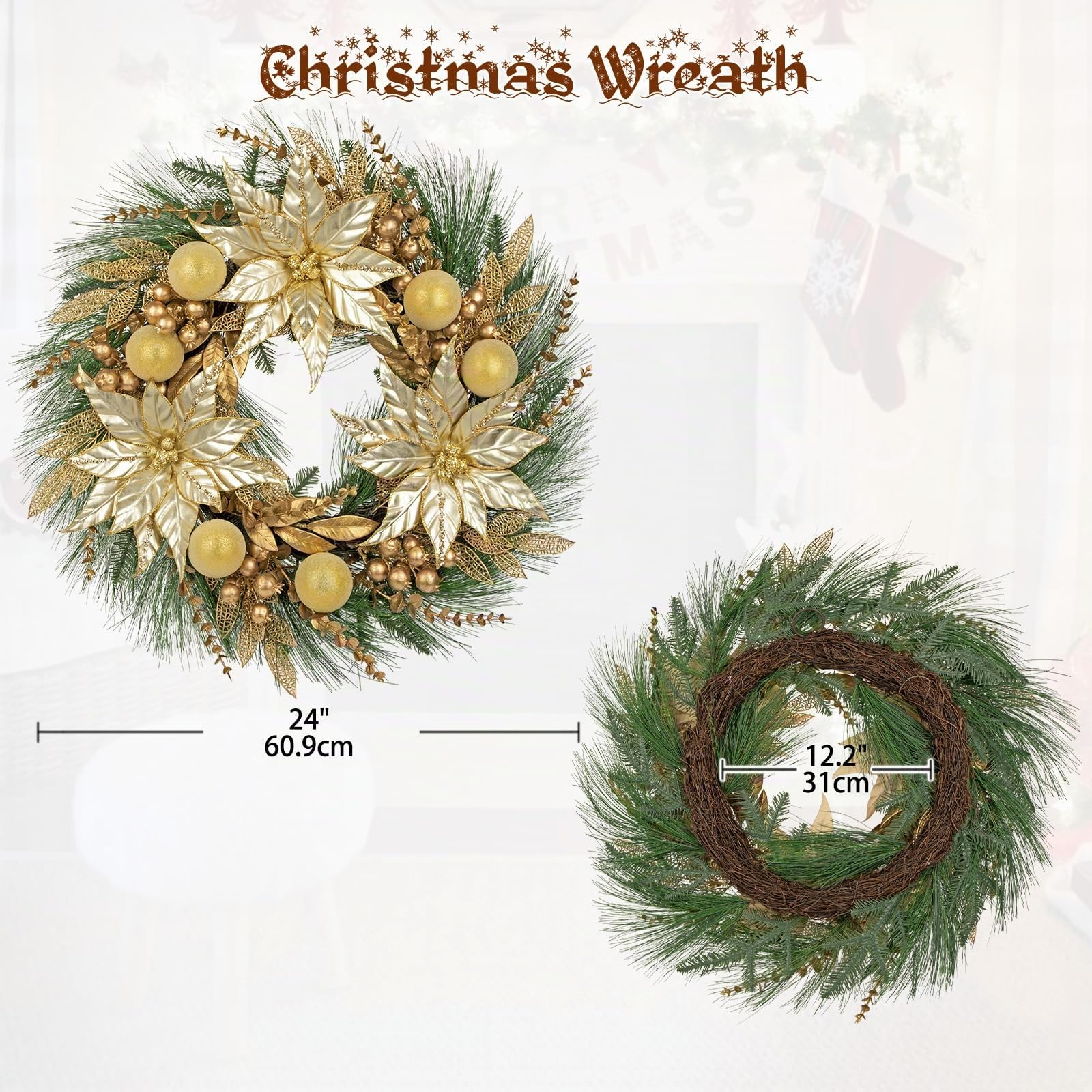 Décoration de Noël Couronne de l'Avent 60 cm Couronne de Noël Dorée Couronne Artificielle Couronne Murale Couronne de Table Noël Décoration de Noël Porte d'Entrée Table Mur Salon Chambre