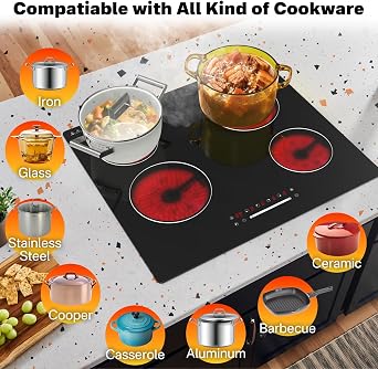 Ceramic Hob 6000W, Electric Hob 60cm Built-in 4 Zone, Hot Plate with Touch Control 9 Power Levels, Timer, Safety Lock, Suitable for All Flat Cookware