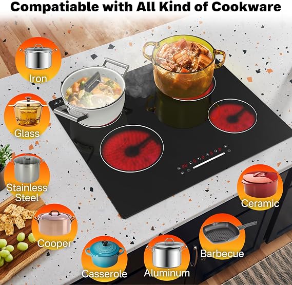 Ceramic Hob 6000W, Electric Hob 60cm Built-in 4 Zone, Hot Plate with Touch Control 9 Power Levels, Timer, Safety Lock, Suitable for All Flat Cookware