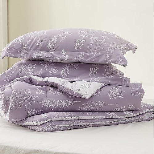 Miniatura 7 de Bedsure Juego de edredón de tamaño Queen, color lavanda, lindo, floral, regalo para mujer, 3 piezas, 1 suave edredón reversible con flores y 2