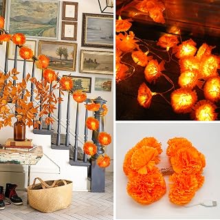 alikiki Artificial Marigold Flowers String Lights - 2 Packs USB-Powered Fabric Marigold Garland for Diwali Puja Gifts, Weddings, Indian Parties,Diwali Wall Door Pooja Room Altar Decor