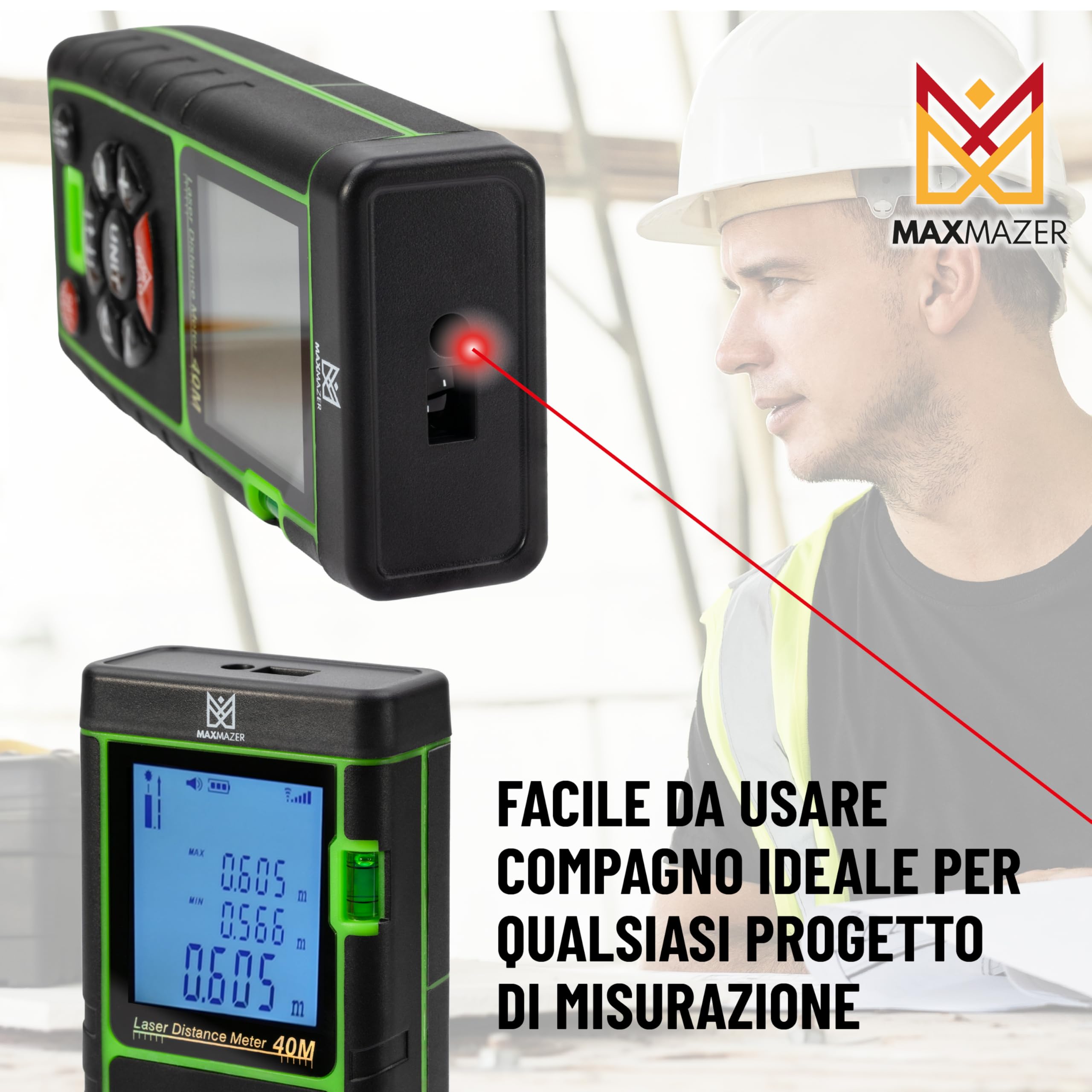 Metro Laser Professionale 40 m con Livella Integrata, Misuratore di Distanza Laser IP54, Telemetro Digitale Preciso e Robusto per Edilizia, Casa e Fai-da-Te