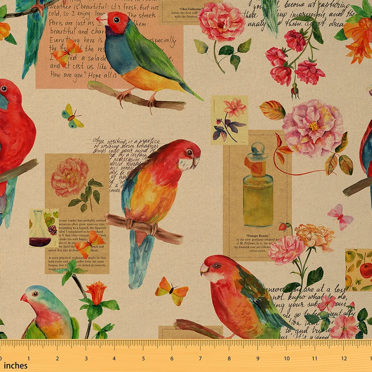 Colorful Parrot Fabric by The Yard Vintage Retro Flowers Butterflies Pink Rose Old Newspaper Fabric for Girls Women Adults Decorative Fabric for Sewing Hobby Upholstery and Home Accents, 3 Yards