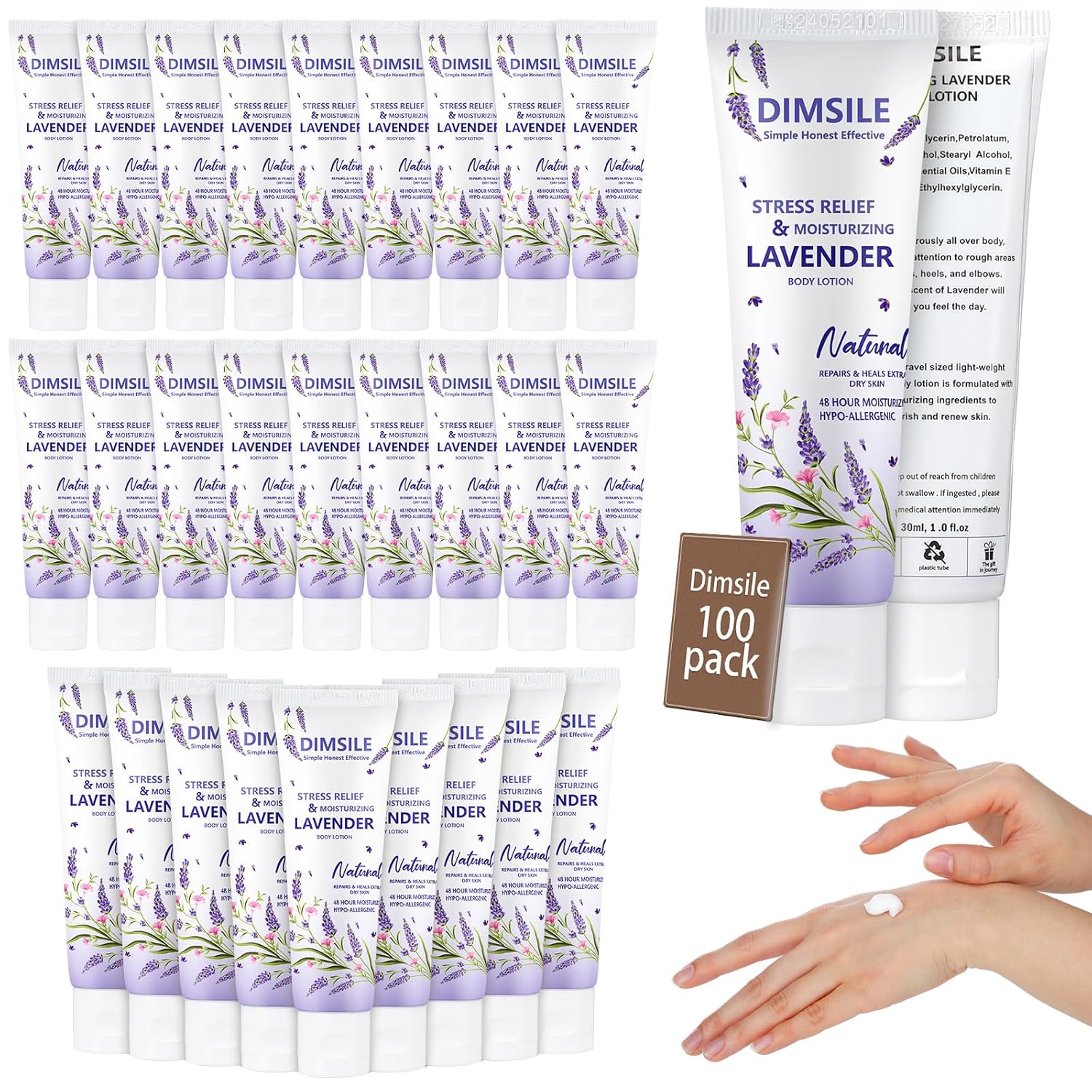 100 Pack Lavender Travel Size Body Lotion 1 oz Dry Skin Moisturizer with Flip Cap for Extra Dry Skin, for Inns and Hotels, Offices, Airlines, Gyms and More