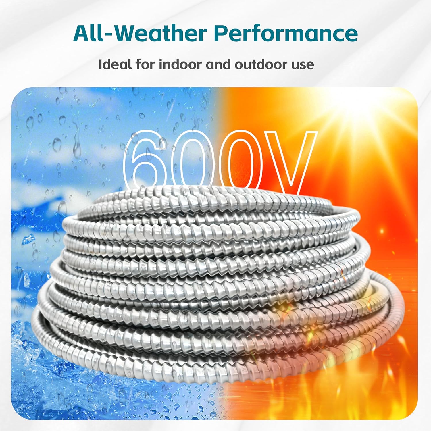 12/2 100FT MC Cable with Ground, 12 Gauge Wire Metal Clad Cable with Solid Copper Conductors, Aluminum Armor, Electric Wire for Indoor, Outdoor, Commercial, Industrial Use