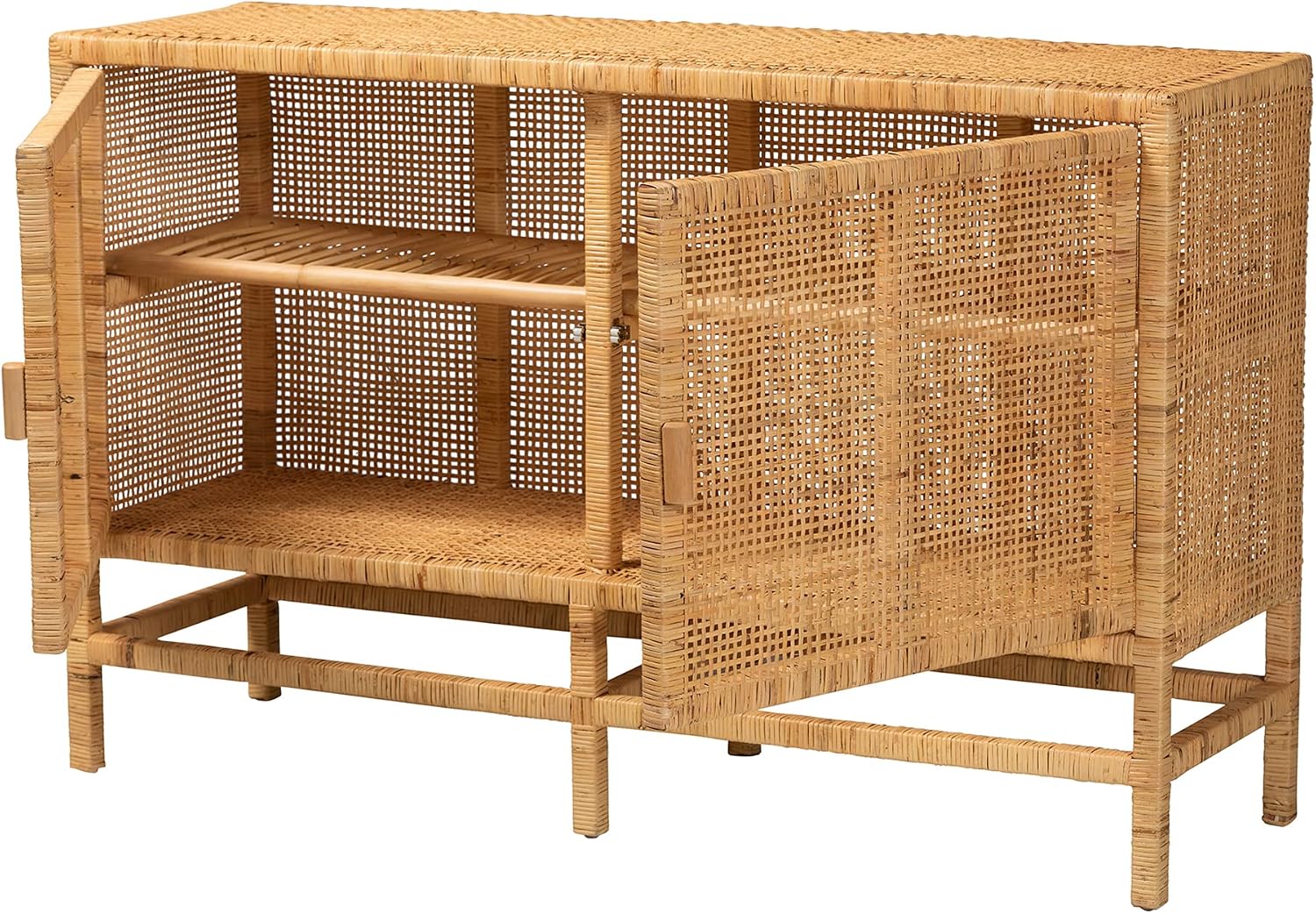 bali & pari Vivan Modern Bohemian 2-Door Storage Cabinet Made with Solid Mahogany Wood and Woven Rattan-Large