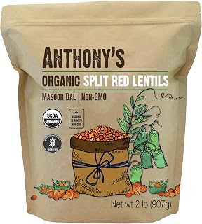 Anthony's Organic Split Red Lentils 2 lb - Masoor Dal, Gluten Free, Non-GMO, Vegan, Quick Cook
