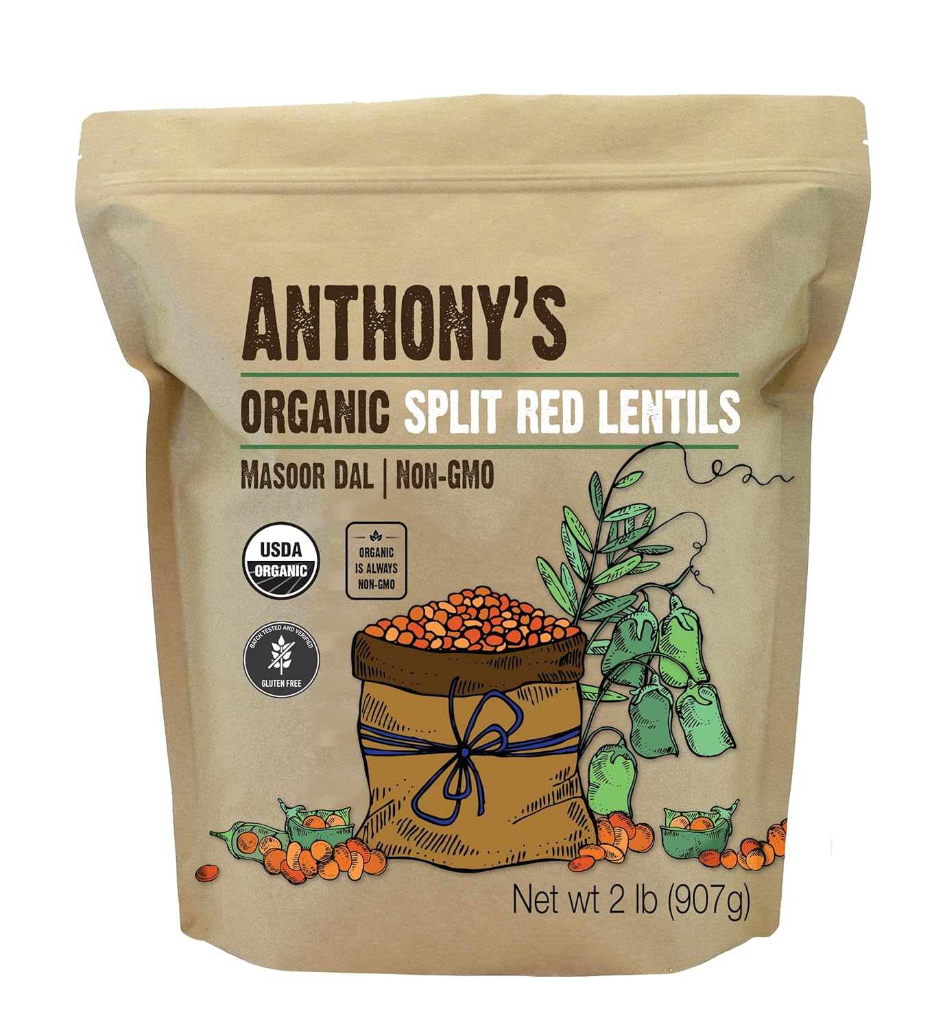 Anthony's Organic Split Red Lentils 2 lb - Masoor Dal, Gluten Free, Non-GMO, Vegan, Quick Cook