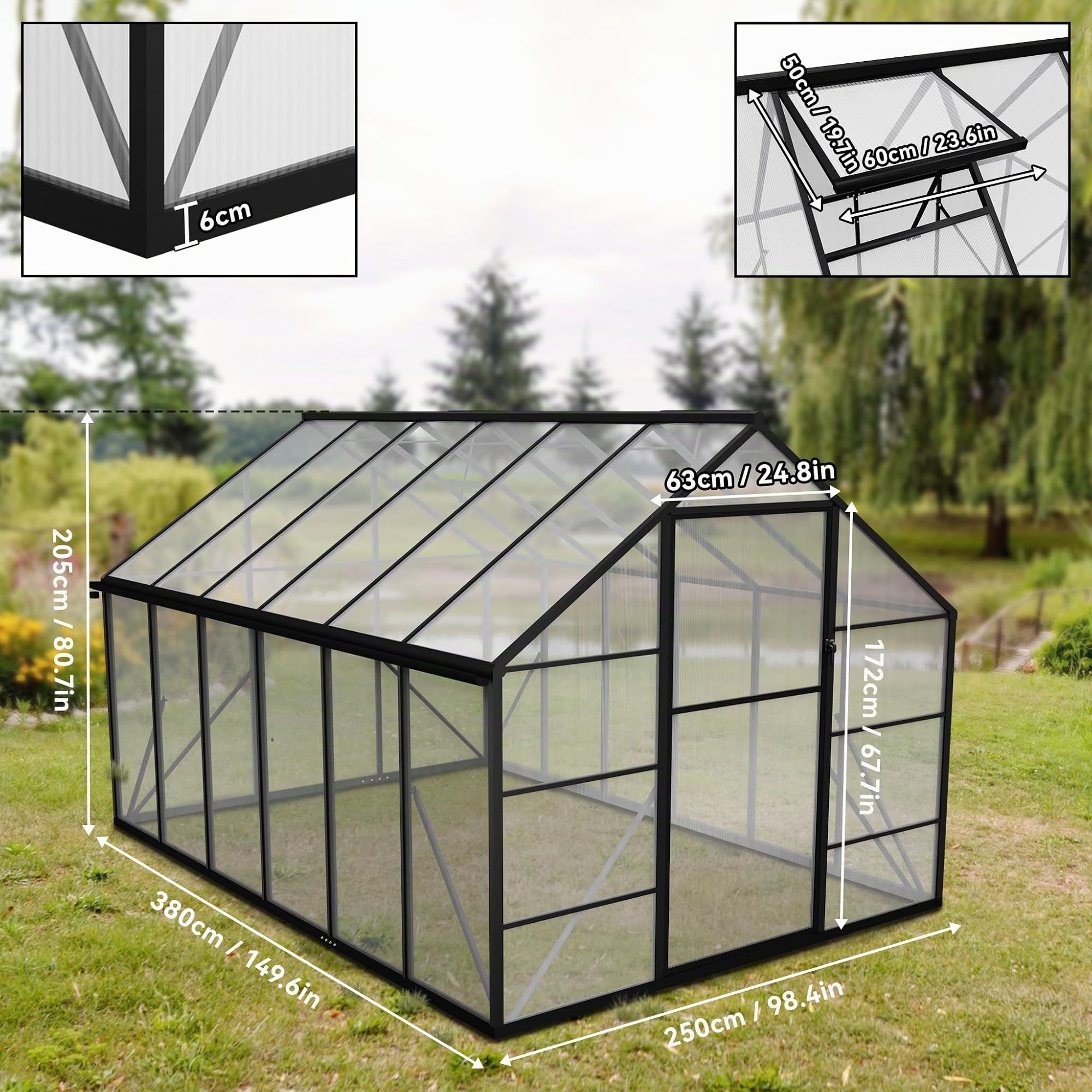 NAIZY, serra da giardino 380x250x205 cm con ancoraggio a terra e pellicola di base da 6 cm, serra in policarbonato da 580 g e 4 mm con struttura in alluminio, serra per pomodori e coltivazione