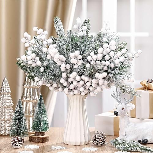 Miniatura 9 de Lyrow 80 piezas de palillos artificiales de pino nevado de Navidad, tallos artificiales de bayas rojas, ramas de pino de cedro sintético, ramas para