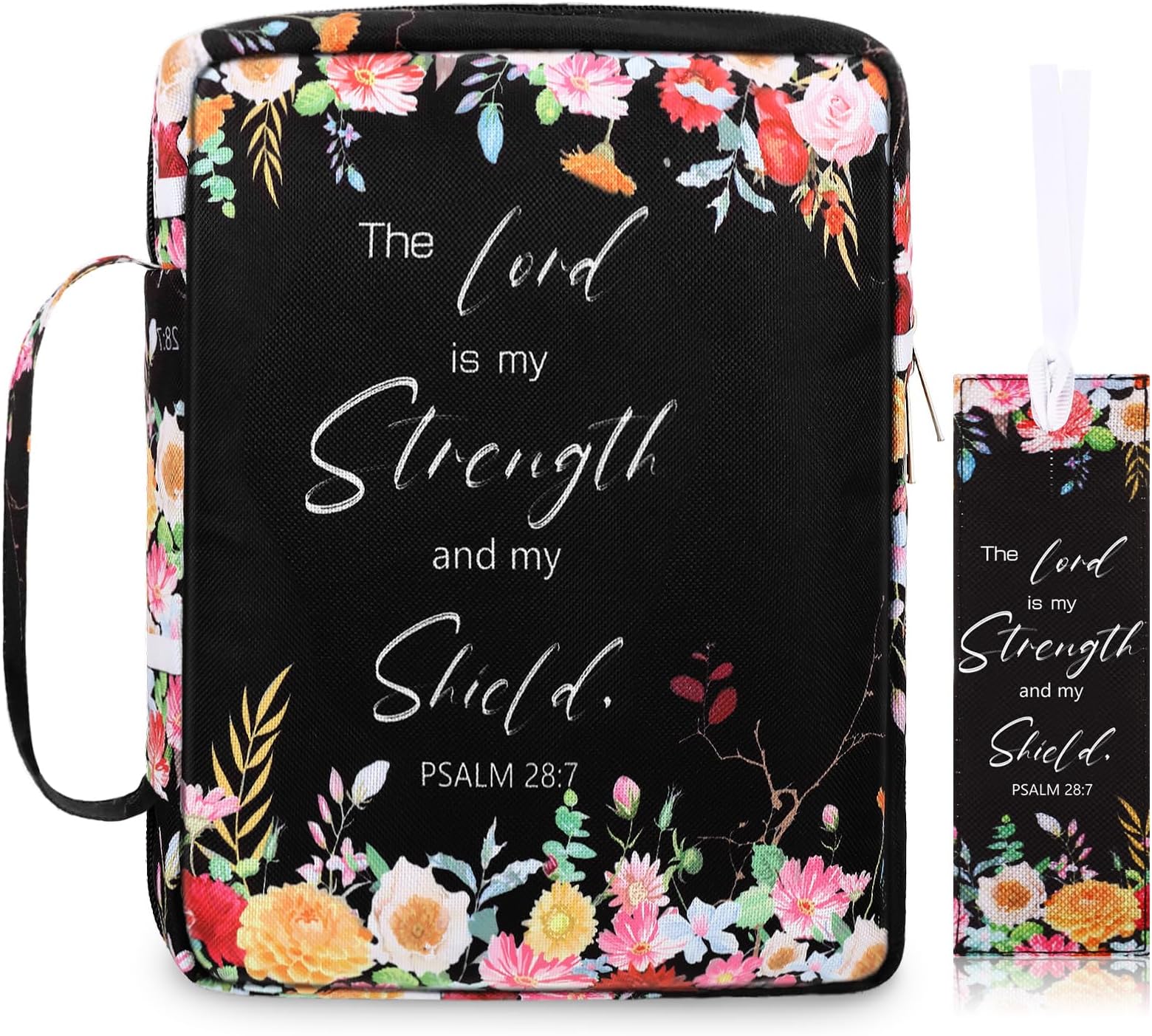 Laumoi Bible Cover Floral Bible Case with Handle and Zippered Back Pocket 10 Inch Women Bible Bag with Bookmark Portable Bible Carrying Case for Bible Study, Outdoor, Daily Commuter (Less Flower)