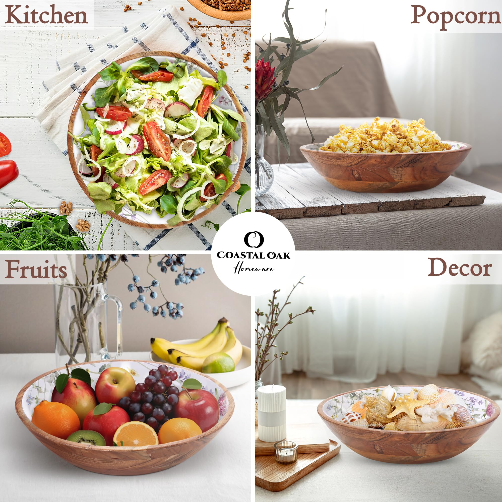 Juego de cuencos grandes de madera – Ensaladera de madera de acacia prémium de 13 pulgadas con servidores – Cuenco decorativo de madera con tenedor y cuchara – Frutero – Cuencos para