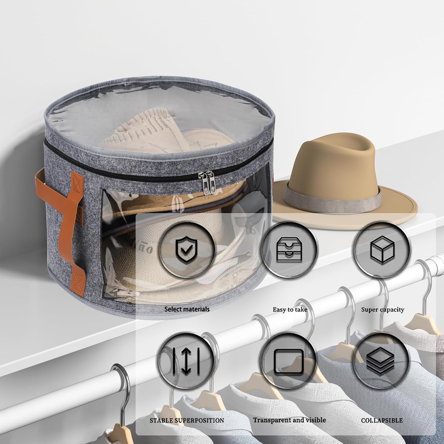 Veki Hat Organizer, Hat Box for Women Storage, Grey