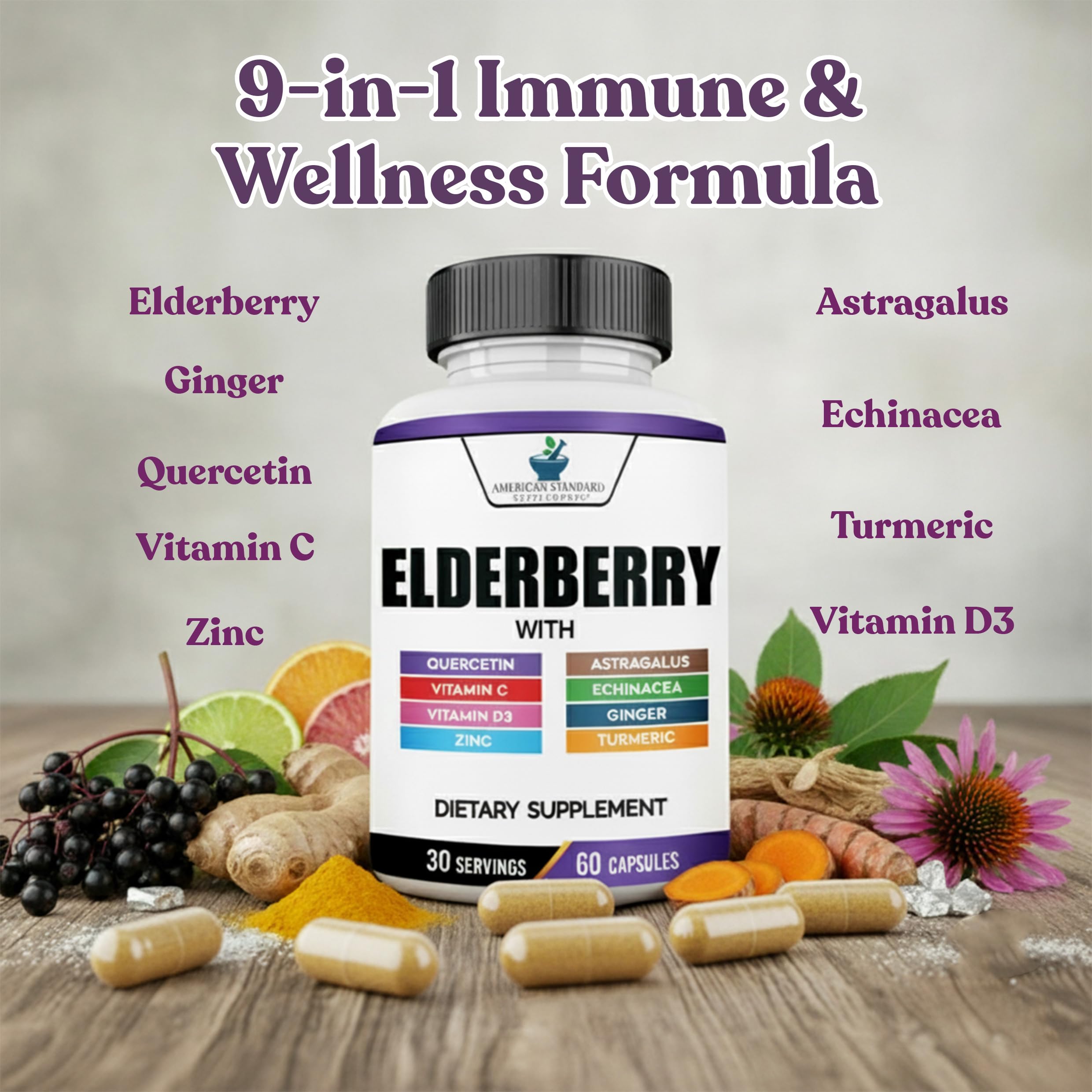 American Standard Supplements Elderberry Extract with Quercetin, Vitamin C, D3, Ginger, Zinc, Turmeric, Astragalus and Echinacea – 60 Capsules, 30 Servings — Amazon image 3