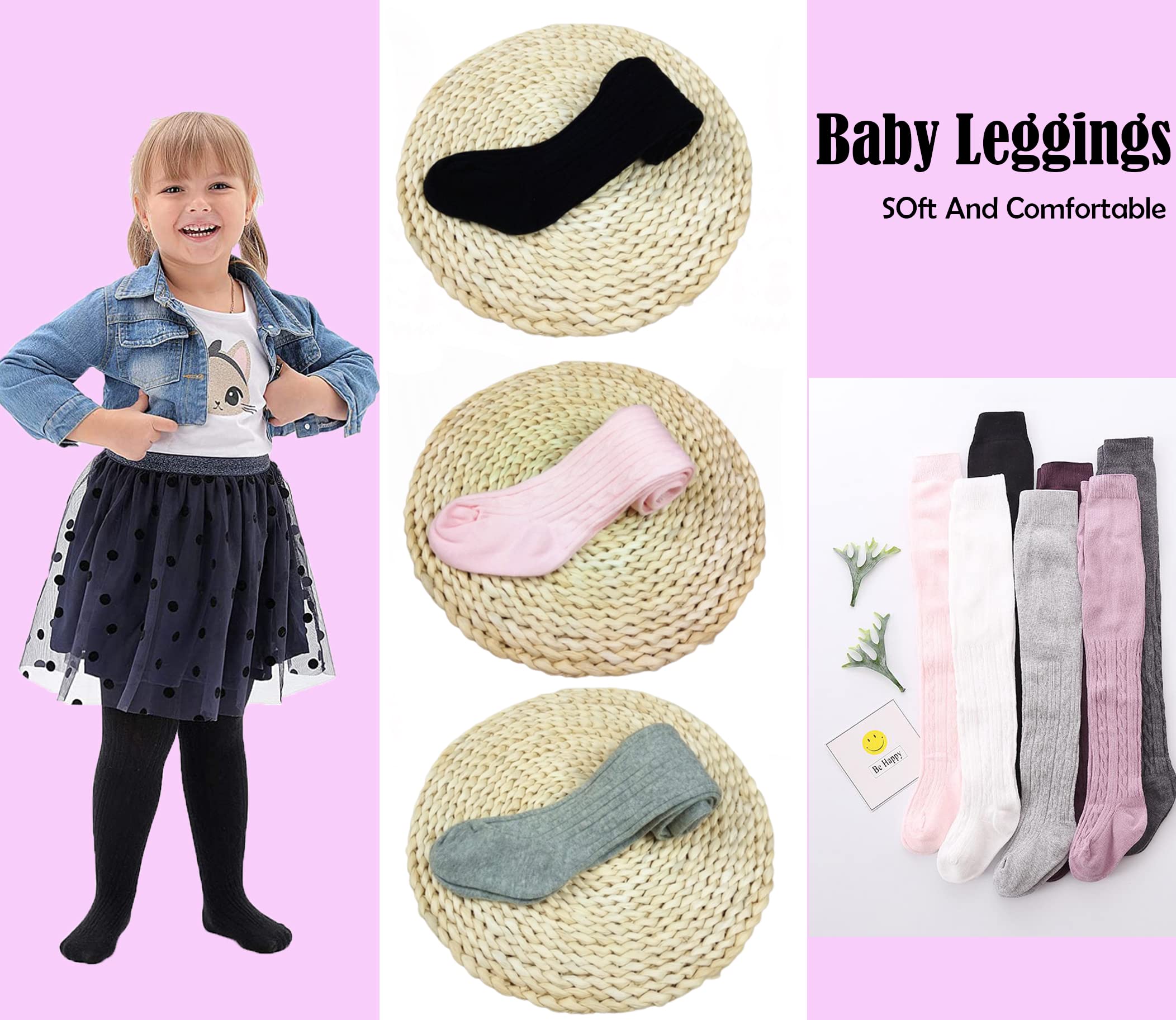 SYGA Baby Tights Soft Cotton Leggings For Girls Toddler Solid Knit Stockings Socks Warm Crochet Pants Pack Of 3 (12-24 Months, Black/Pink/DarkGrey) 1