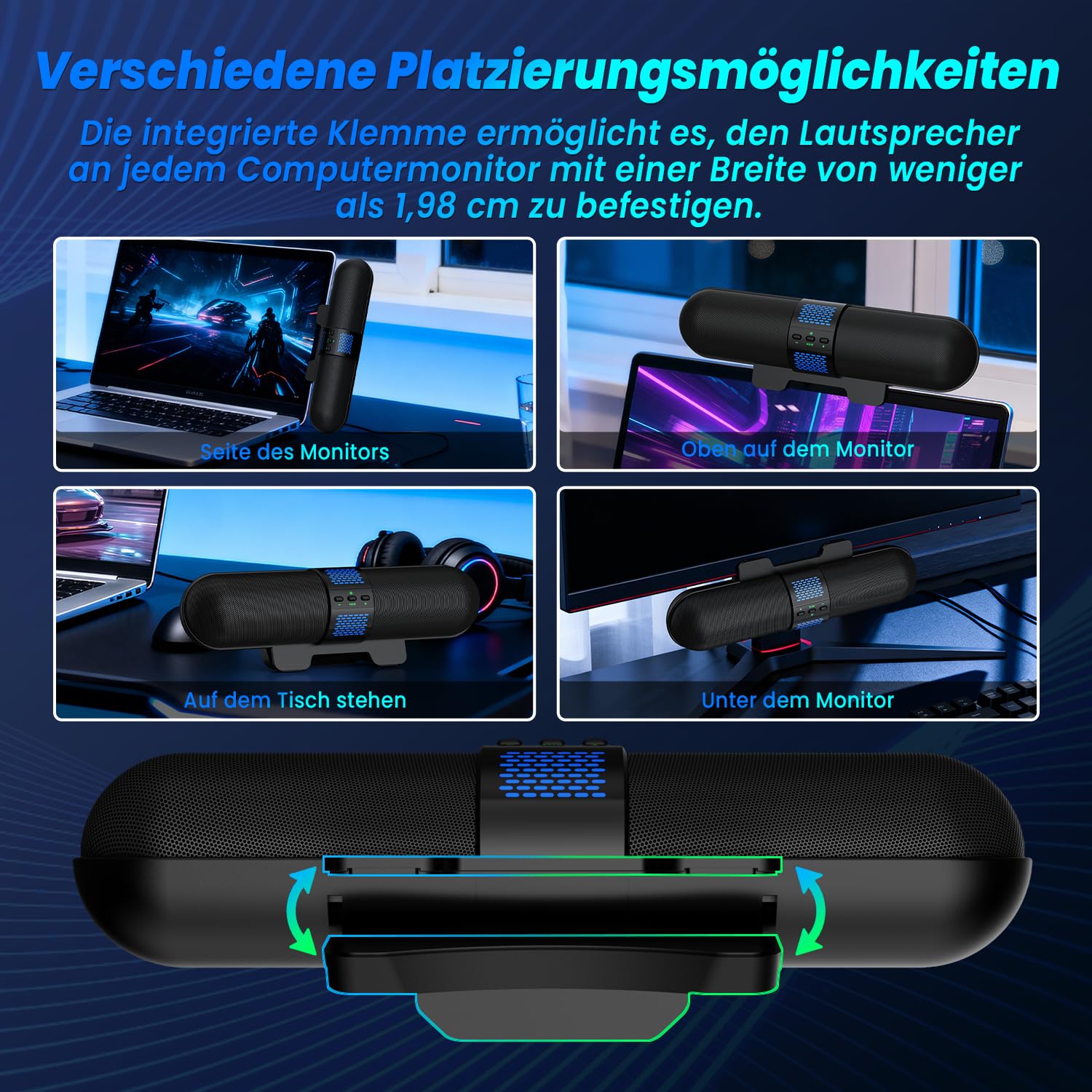 BESTISAN Computer-Lautsprecher, PC-Lautsprecher mit Bluetooth & Typ-C (USB) Modus; USB-betriebene Monitorlautsprecher mit Clip-on-Design, Gaming-Lautsprecher für PC/Desktop/Laptop; LED-Lichtanzeige