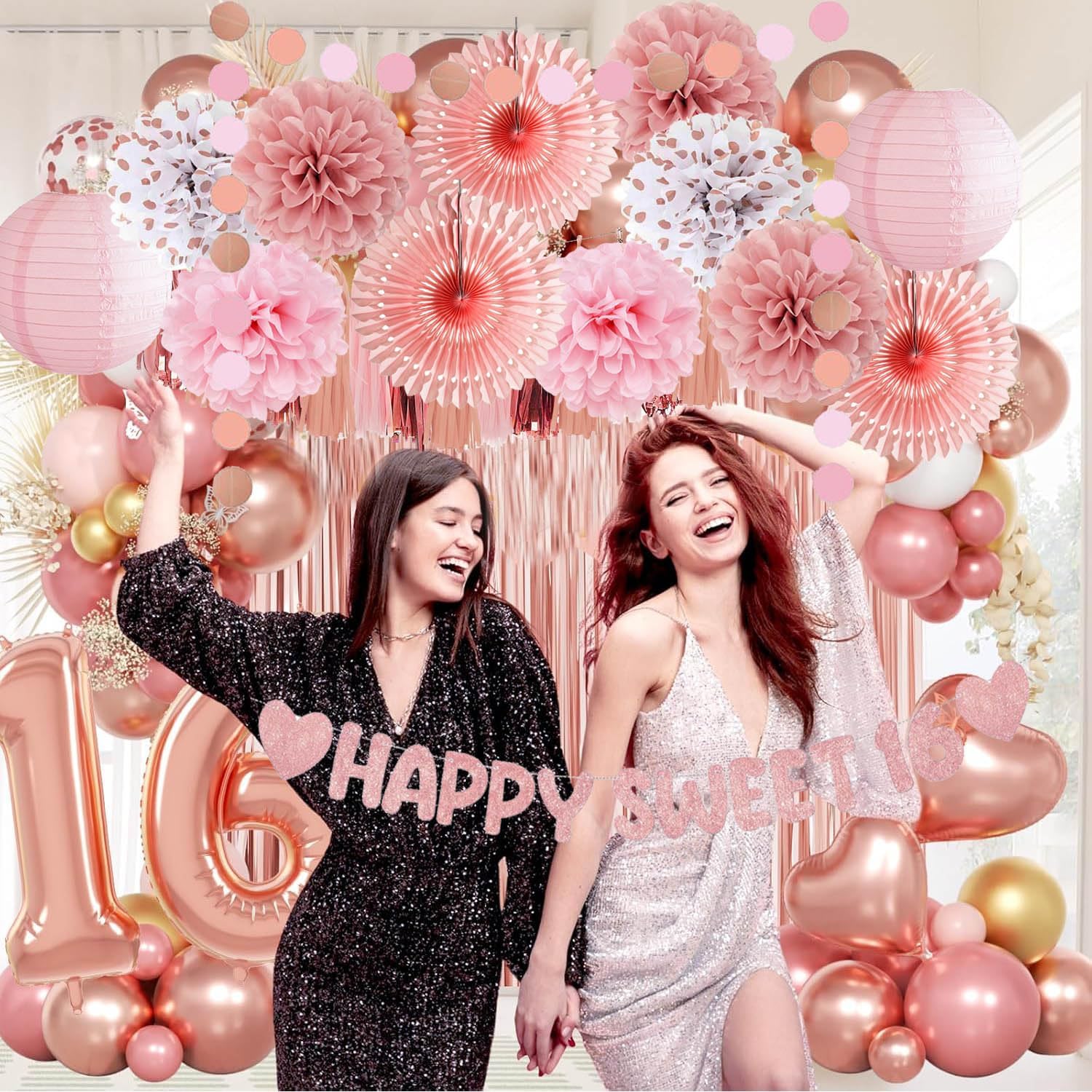 16th Birthday Decorations for Girls Pink Rose Gold Happy Sweet 16 Banner and Foil Balloons Dusty Pink Tissue Pom Poms Lanterns Paper Fans Tassel Garlands Cheers to 16 Girl Pink Party Decorations