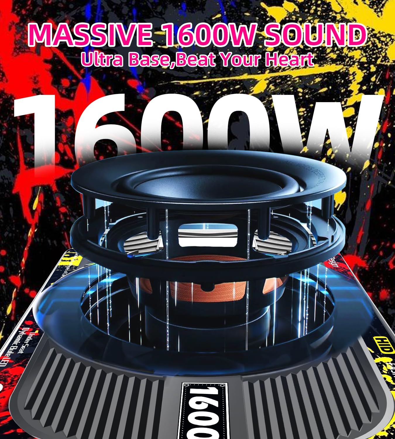 1600W Slim Underseat Car Subwoofer and Amp Package with RGB Beat-Synced Light, Built-in Class D Amplifier, Low Pass/Gain/Bass Boost Control, Cast Aluminum, Deep Bass for Truck SUV Jeep