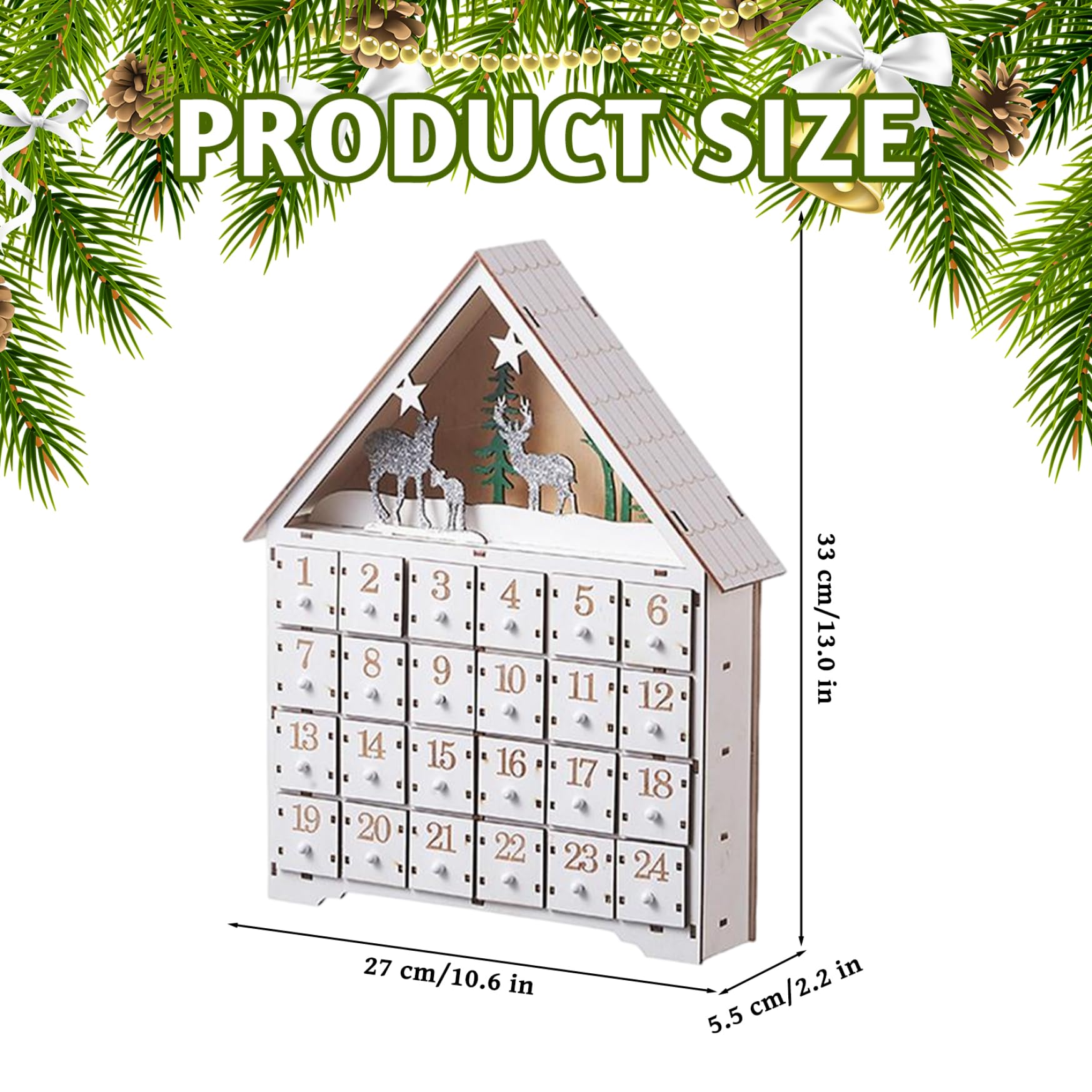 Calendario dell'Avvento in legno con cassetti e luci a LED Conto alla rovescia per 24 giorni Calendari dell'Avvento vuoti da riempire per decorazioni natalizie Calendario vuoto
