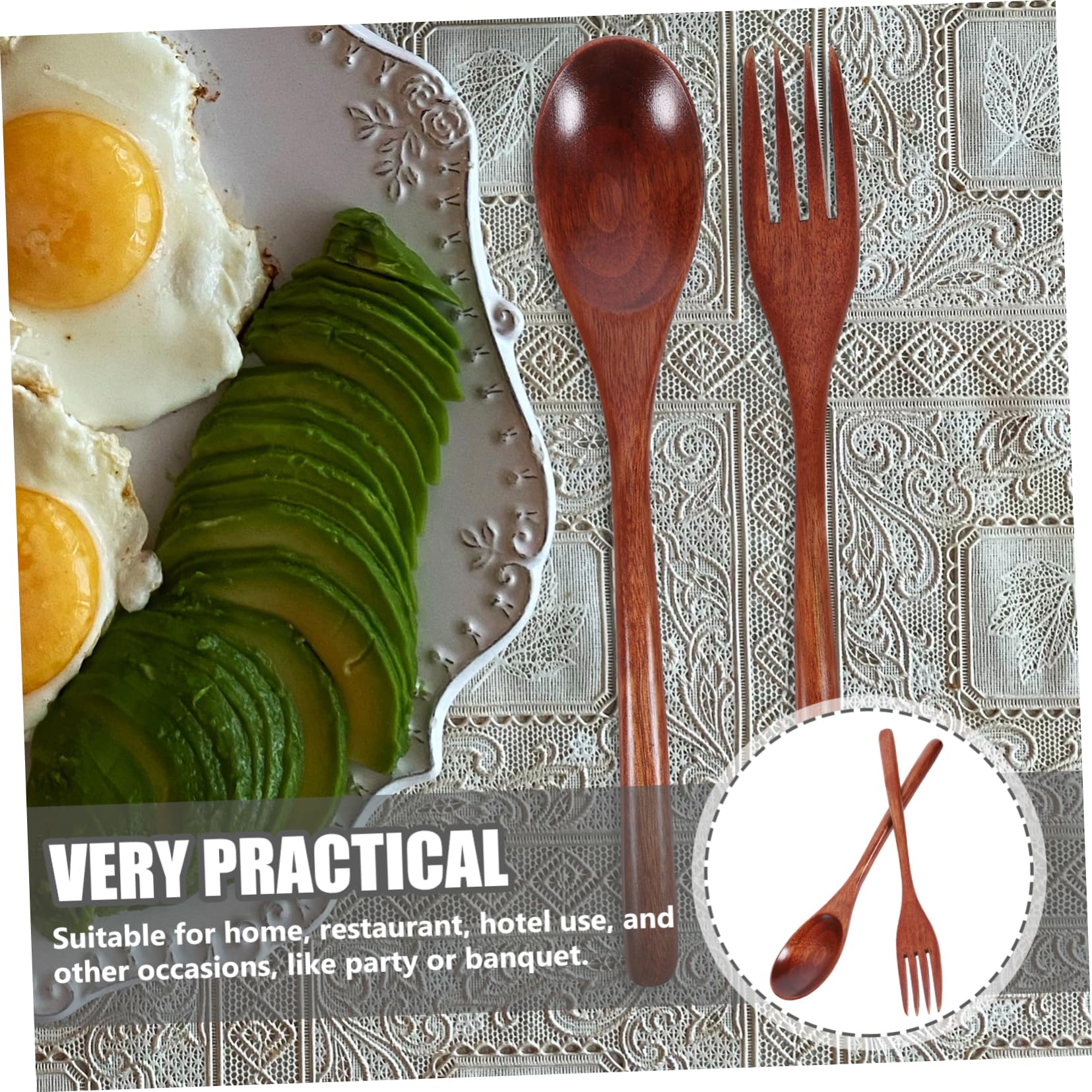 Unomor Elegant 6pc Wooden Fork Spoon Dinnerware Set for Home Restaurant Hotel Safe Wood