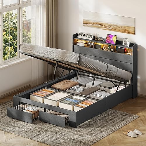 Vista 10 de Cama de almacenamiento elevable de tamaño matrimonial, cabecera de almacenamiento iluminada RGB con estación de carga, marco de cama matrimonial