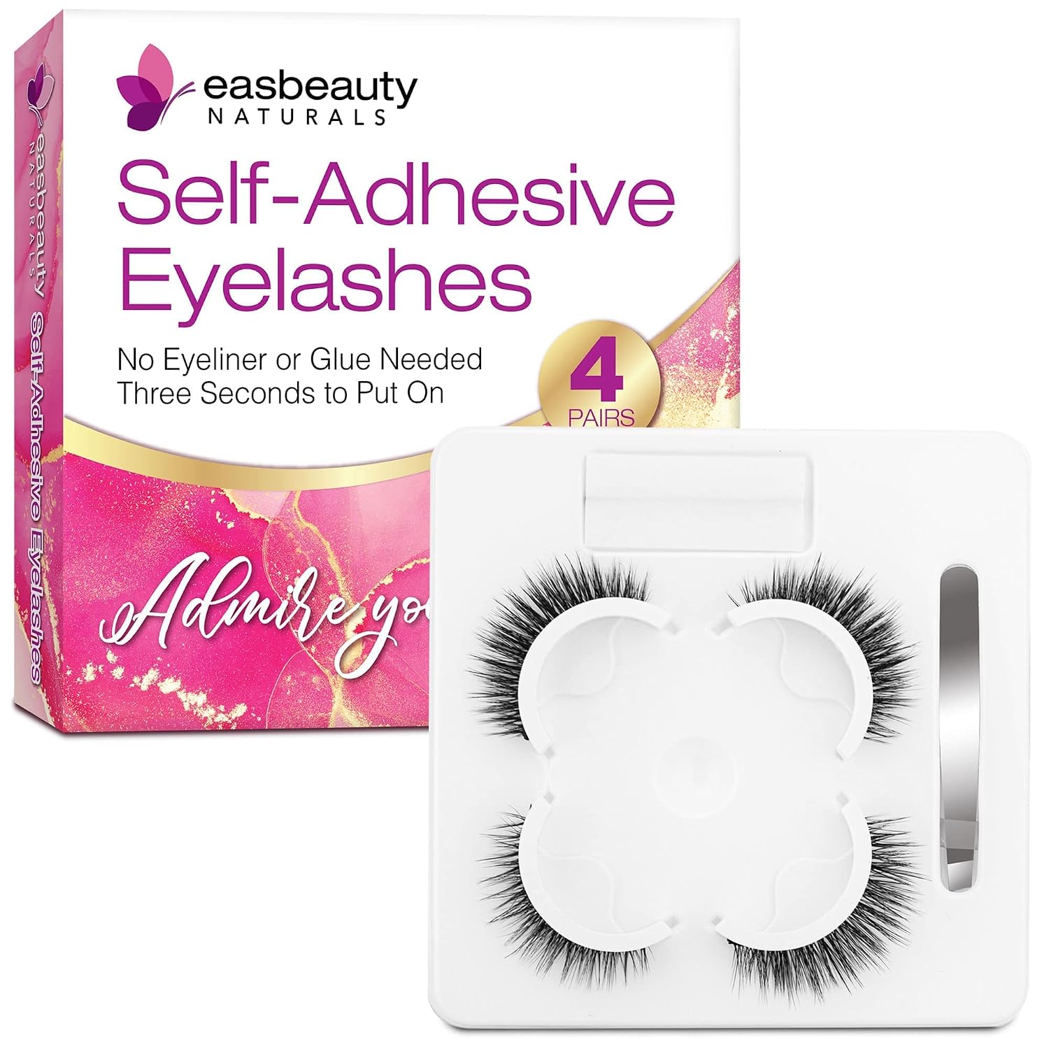 easbeautynaturals Reusable Self Adhesive Eyelashes Natural Look, No Eyeliner or Glue Needed and Easy to Put On, Reusable Self Sticking 4 Pair (Pack of 1) Ak-12 0