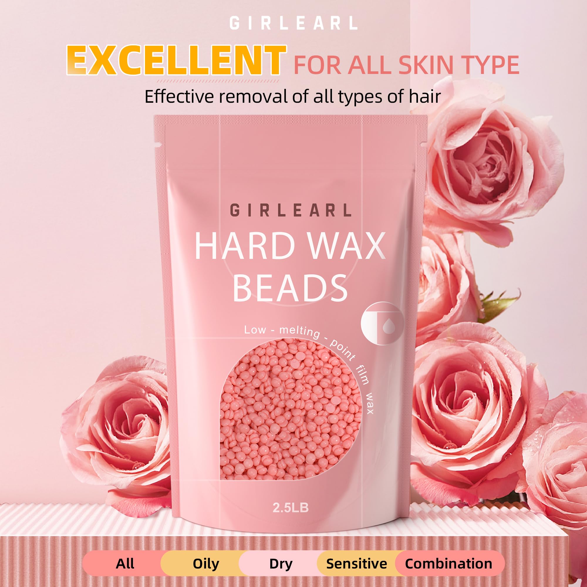 Hard Wax Beads for Hair Removal, 2.5lb, Rose Oil Infused, Brazilian Bikini Wax for Women Men, Sensitive Skin, Full Body Legs Face Underarms Waxing Beads