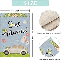 Vista 2 de Just Married - Bandera de jardín vertical de arpillera de doble cara, decoración de boda, compromiso, despedida de soltera, decoración de patio