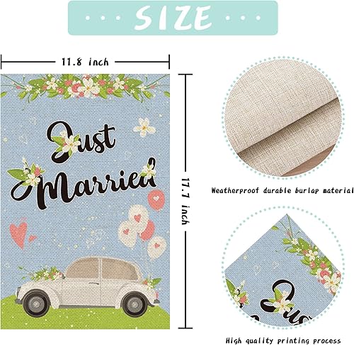 Miniatura 2 de Just Married - Bandera de jardín vertical de arpillera de doble cara, decoración de boda, compromiso, despedida de soltera, decoración de patio,