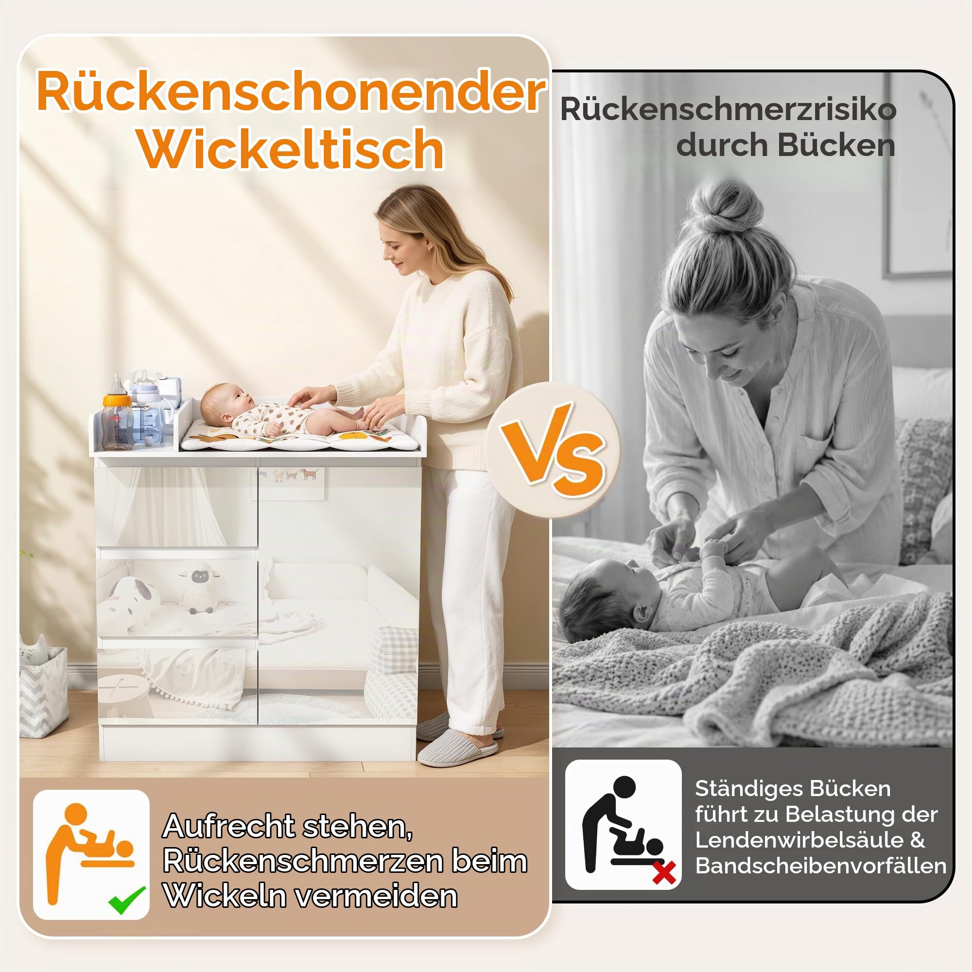 Wickelkommode mit Wickelaufsatz, Wickeltisch mit 3 Schubladen, Baby Kommode Abnehmbarem, Babyschrank 88cm Hoch Zum Schutz Der Lenden, Weiße Kinderkommode für Eltern Baby