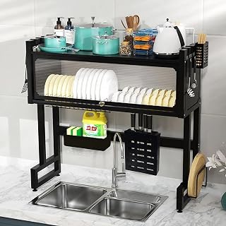 Toshionics Double Layer 2 Tier Over The Sink Dish Drying Stand Drainer Organizer Storage Rack With Dustproof Door Kitchen Countertop Cutlery Organizer Utensil Holder Drain Bracket Shelf 85cm (Black)