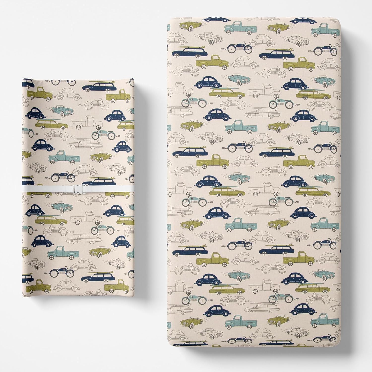 Uptown Traffic Baby Crib Sheet & Diaper Changing Pad Cover Bundle Cars Trucks Motorcycles Racing Automobiles Boys Girls Nursery Blue and Green Combine and Save