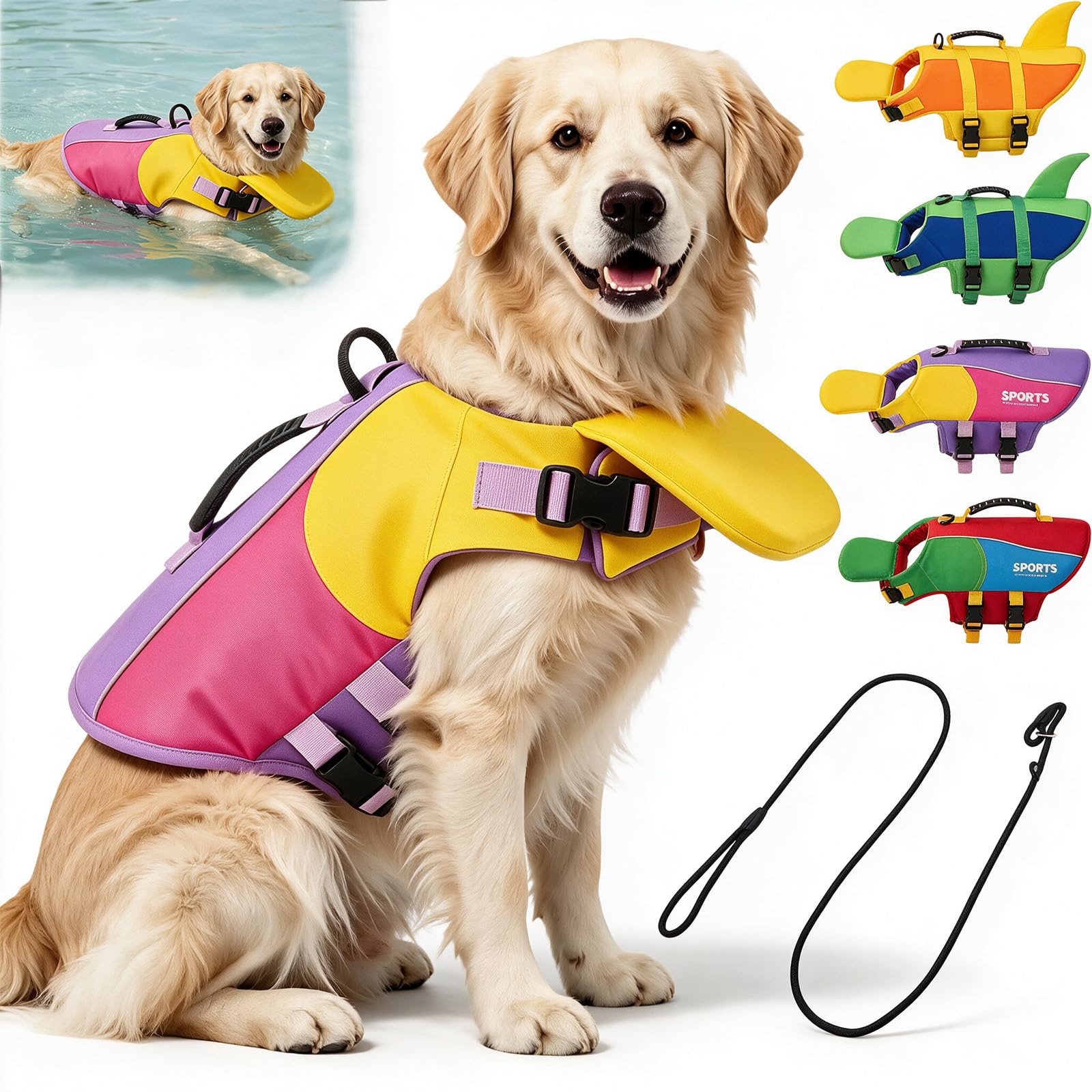Dog Life Jacket with Chin Float, Adjustable Dog Life Vest with Chin Support, Rescue Handle, Leash D-Ring and Quick-Release Buckles for Swimming, Boating and Pool (S,Purple)