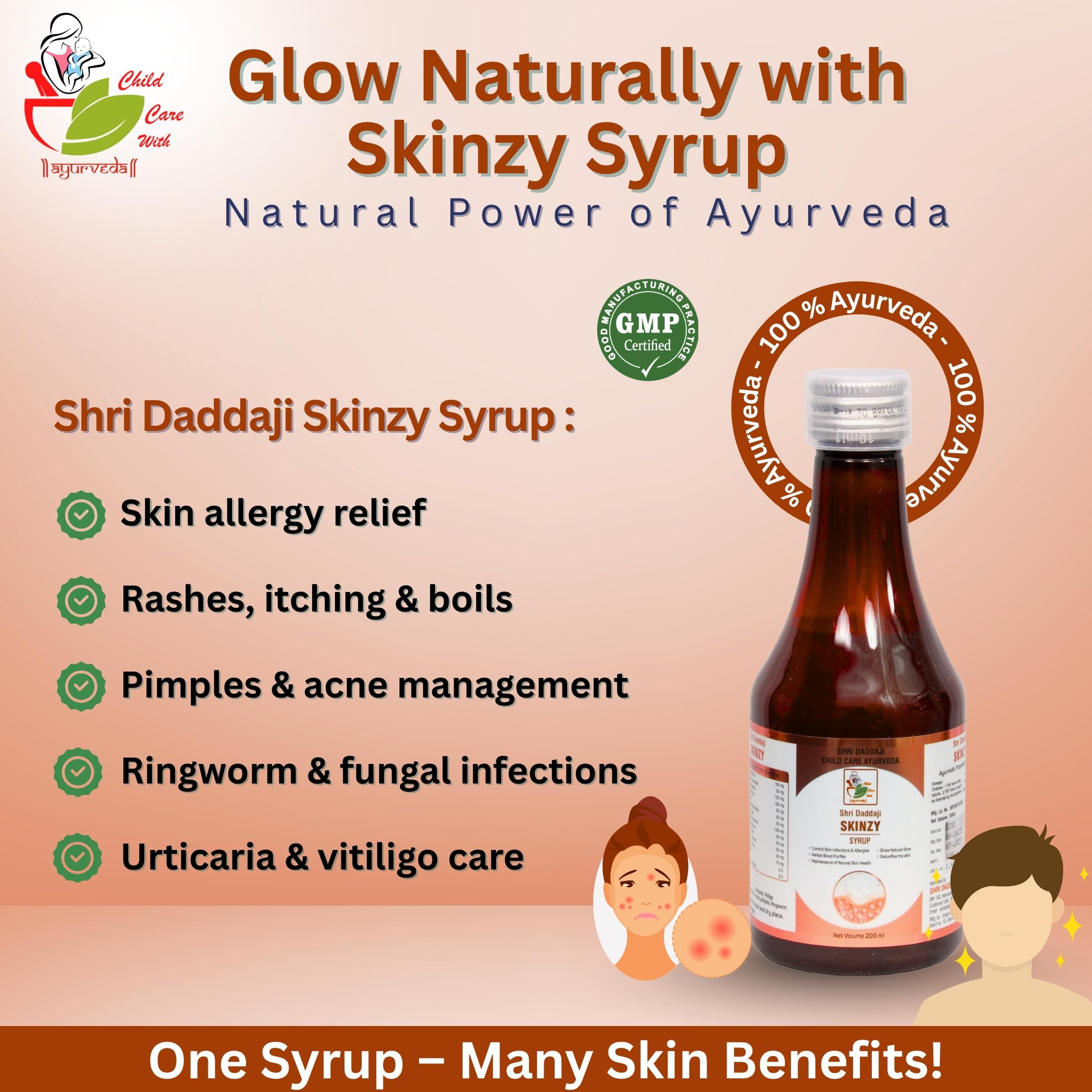 Shri Daddaji Skinzy Ayurvedic Syrup for Healthy & Glowing Skin | Blood Purifier | Pimples, Acne, Allergies, Rashes, Fungal Infections Relief | 100% Herbal Formula – 200ml - Image 3 thumbnail