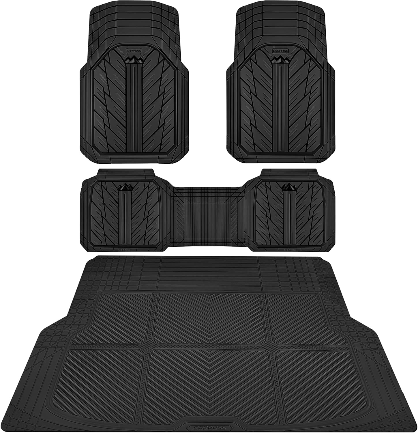 CAR PASS Floor Mats for Cars M-L Size, Heavy Duty Rubber Floor Mats with Trunk Cargo Liner, Universal Trim-to Fit Automotive Floor mats for Truck Van SUV Waterproof All Weather Car Mats Solid Black