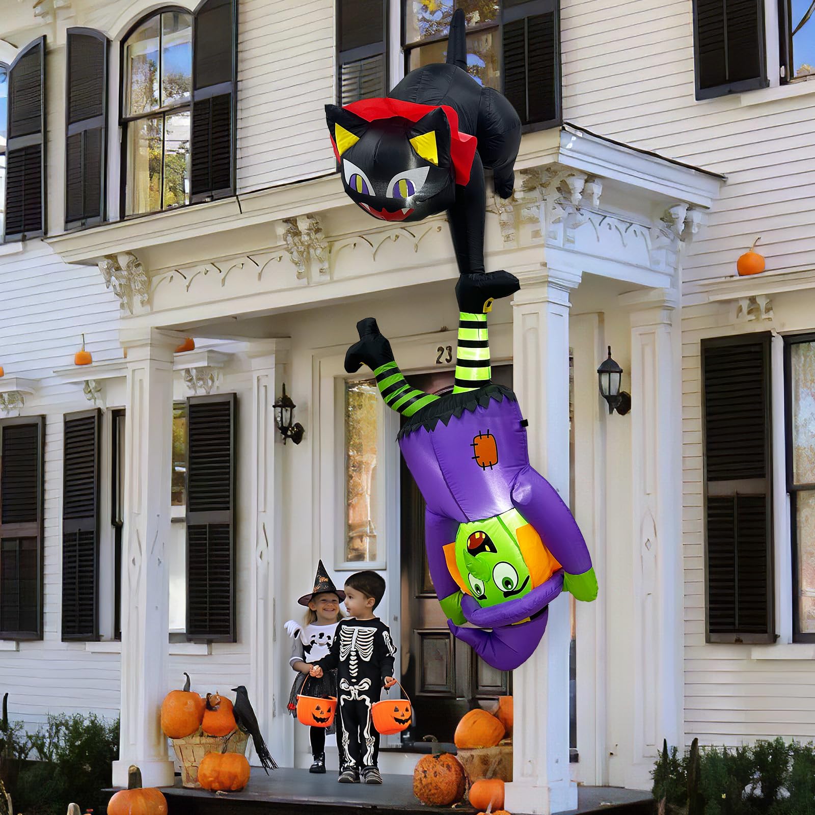 8 FT Hanging Halloween Inflatables Outdoor Decorations Black Cat and Witch