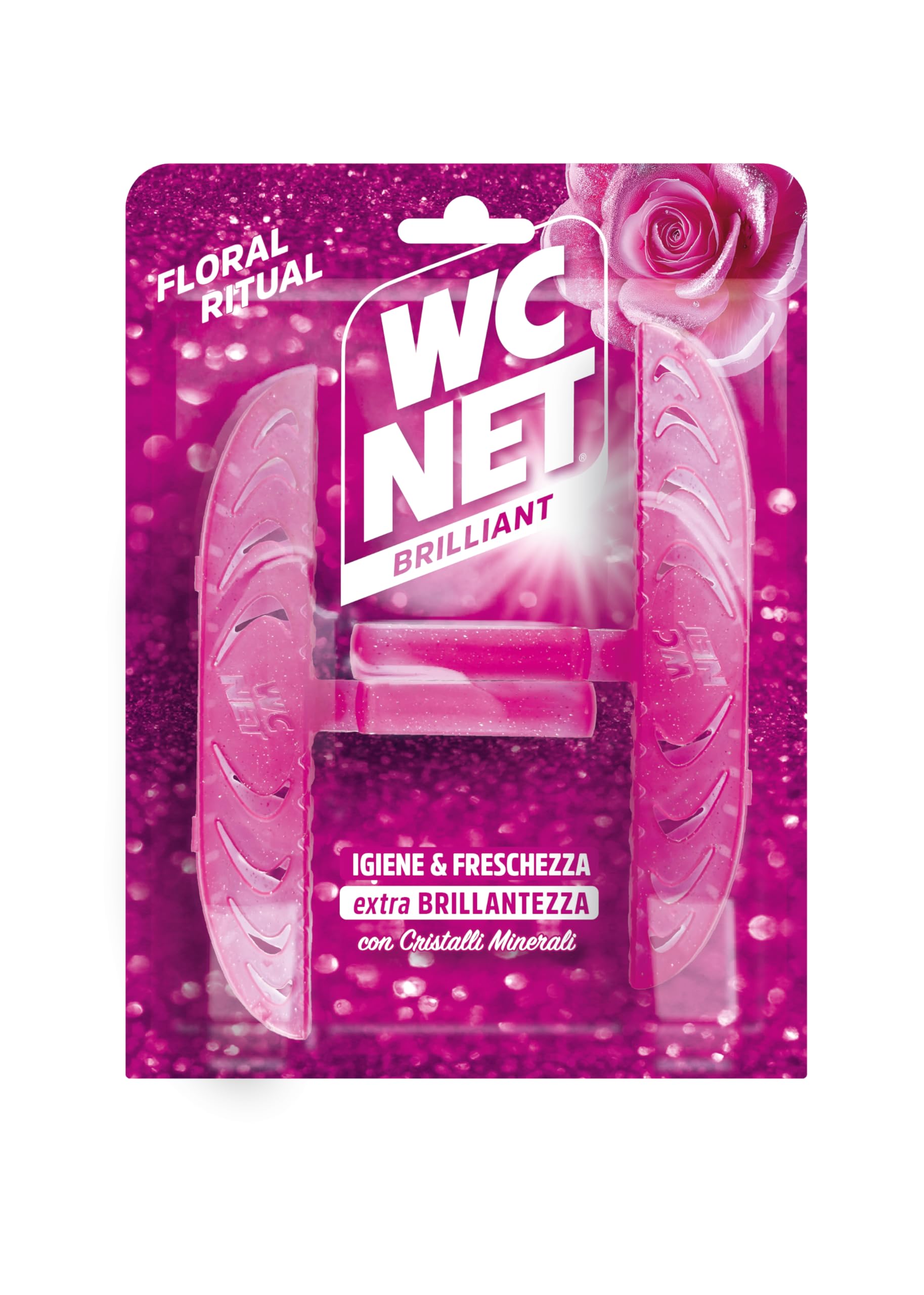 Wc Net - Tavoletta Brilliant Floral Ritual, Detergente Igienizzante Solido per Wc, Igiene, Texture Glitterata e Piacevole profumo di Lunga Durata, 2 Pezzi