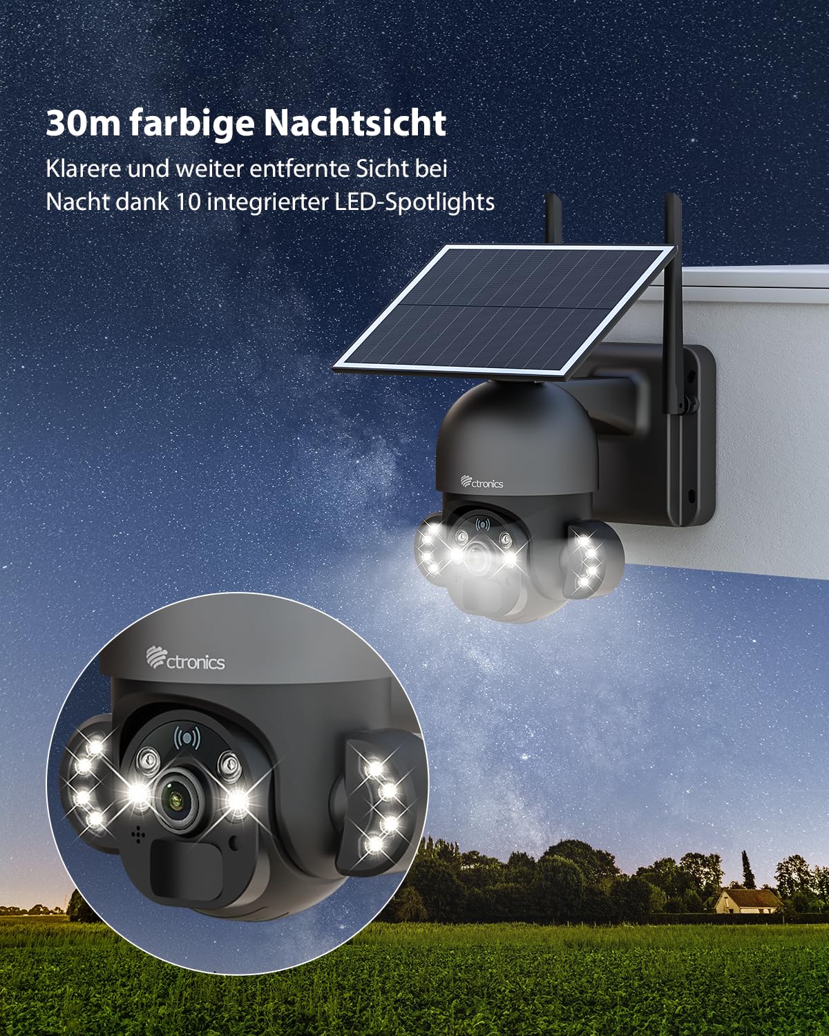 Ctronics Überwachungskamera Aussen WLAN mit 6W Solarpanel, 3K 5MP HD